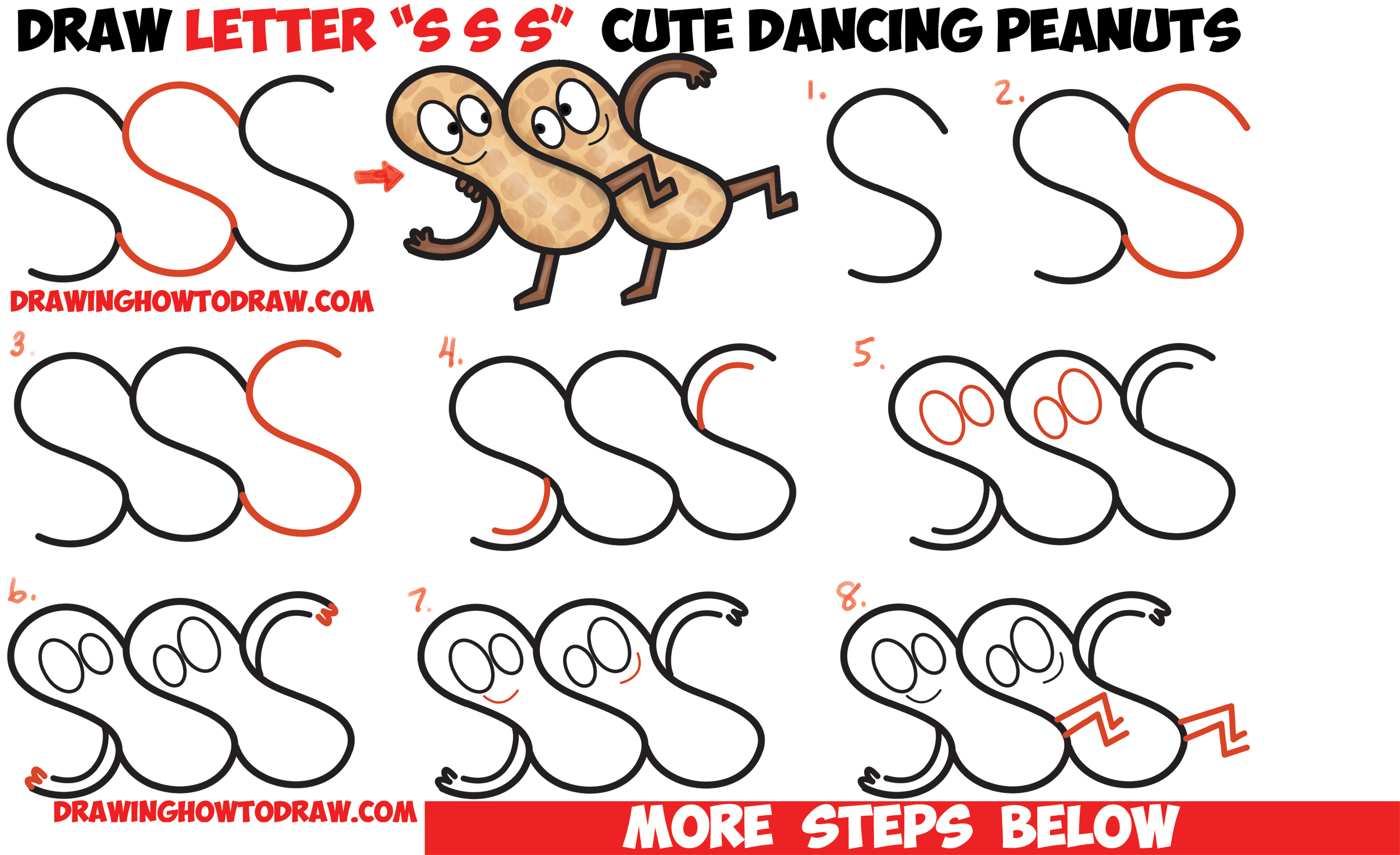 How to Draw Cartoon Dancing Peanuts from Letter S Shapes Easy Step by Step Drawing Tutorial for Kids