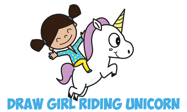 How to Draw a Cute Kawaii / Chibi Girl Riding a Unicorn in Easy Step by Step Drawing Tutorial for Kids and Beginners