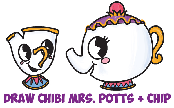 How to Draw Cute Kawaii / Chibi Mrs. Potts and Chip from Beauty and the Beast Easy Step by Step Drawing Tutorial for Kids