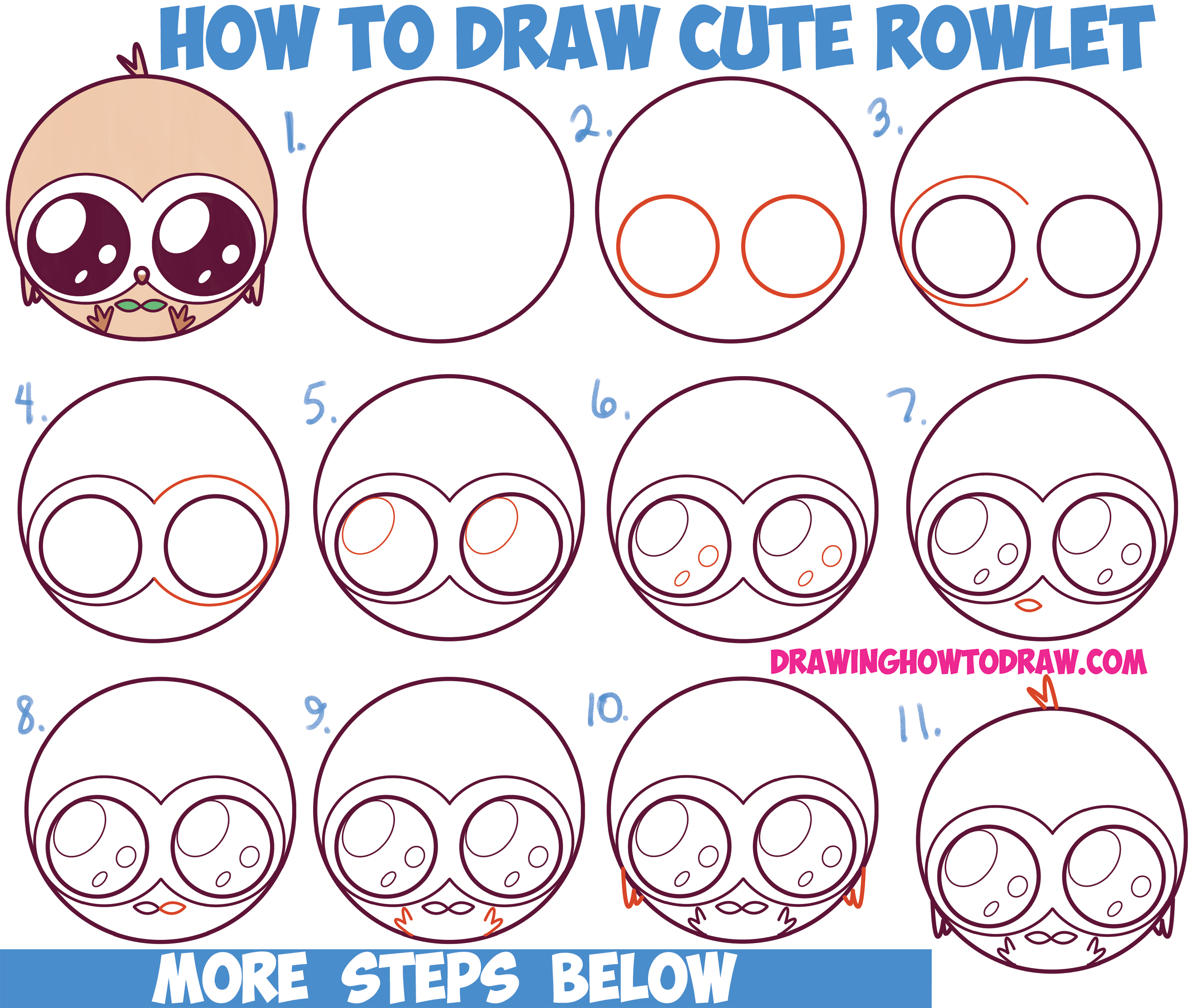 How to Draw Cute Kawaii Chibi Rowlet from Pokemon Sun and Moon Easy Step by Step Drawing Tutorial for Kids and Beginners