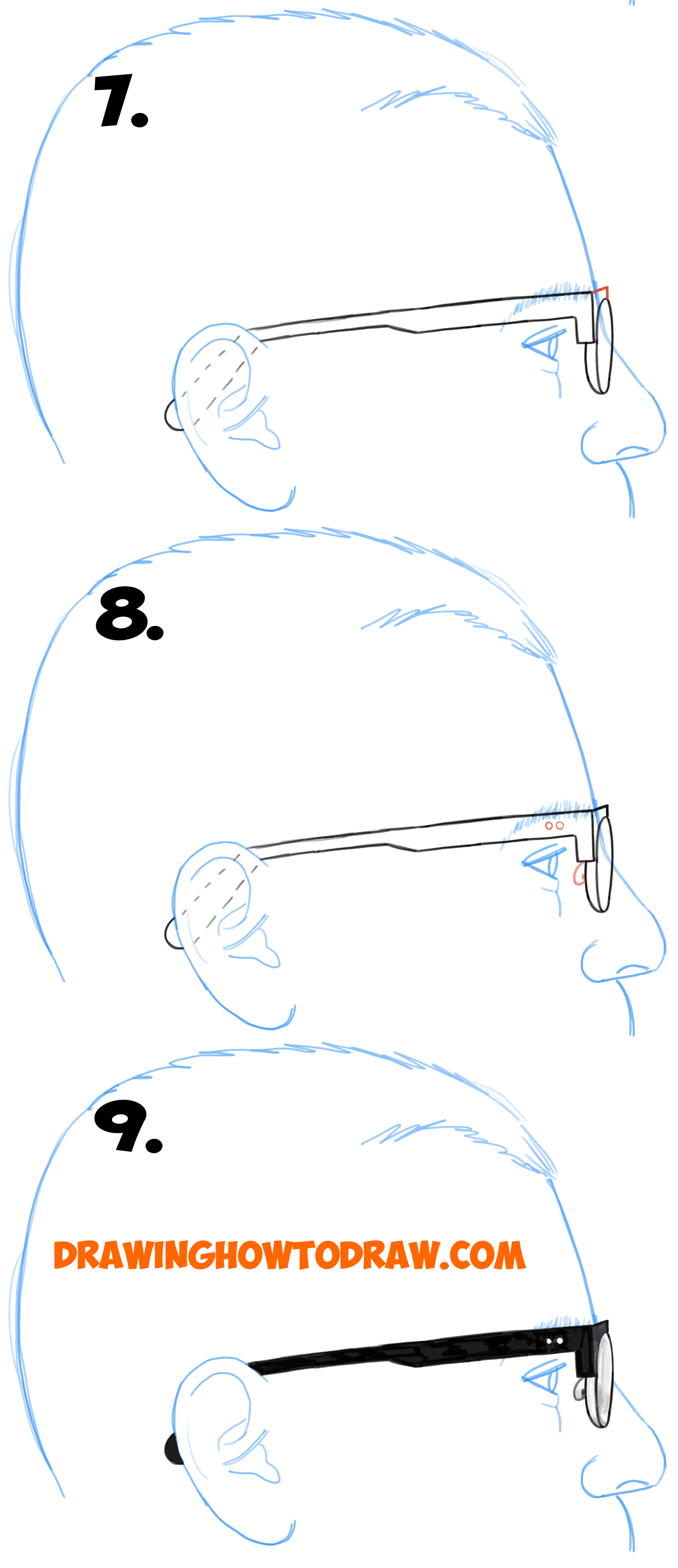 How to Draw Glasses on a Person's Face from the Side Angle View (Profile) easy steps drawing lesson 