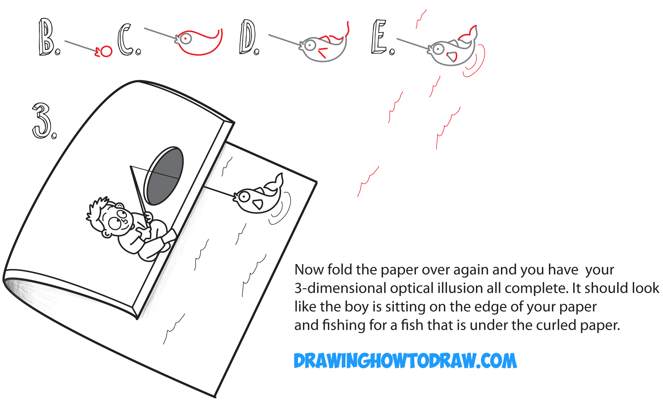 Learn How to Draw Cartoon Boy Fishing on Dock - Optical Illusion with Folded Over Paper - Simple Steps Drawing Lesson for Children & Beginners
