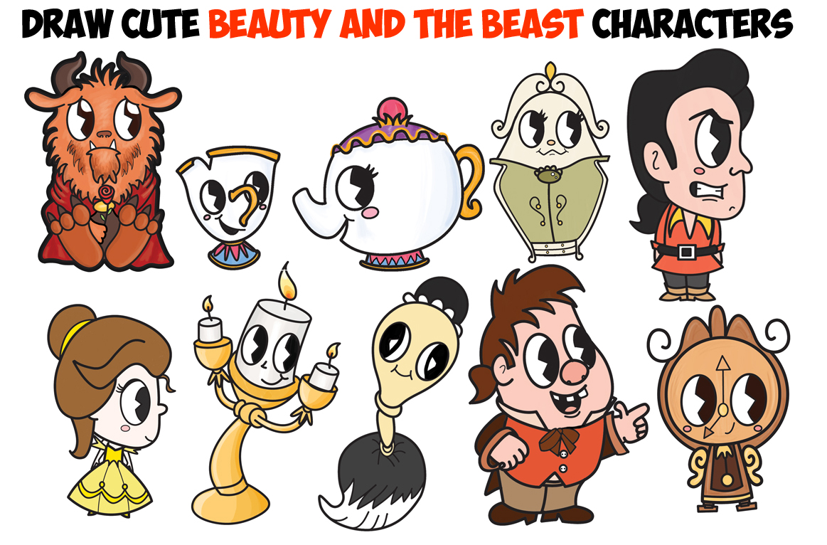 How to Draw Cute Kawaii / Chibi Beauty and the Beast Characters Easy Step by Step Drawing Tutorial for Kids and Beginners