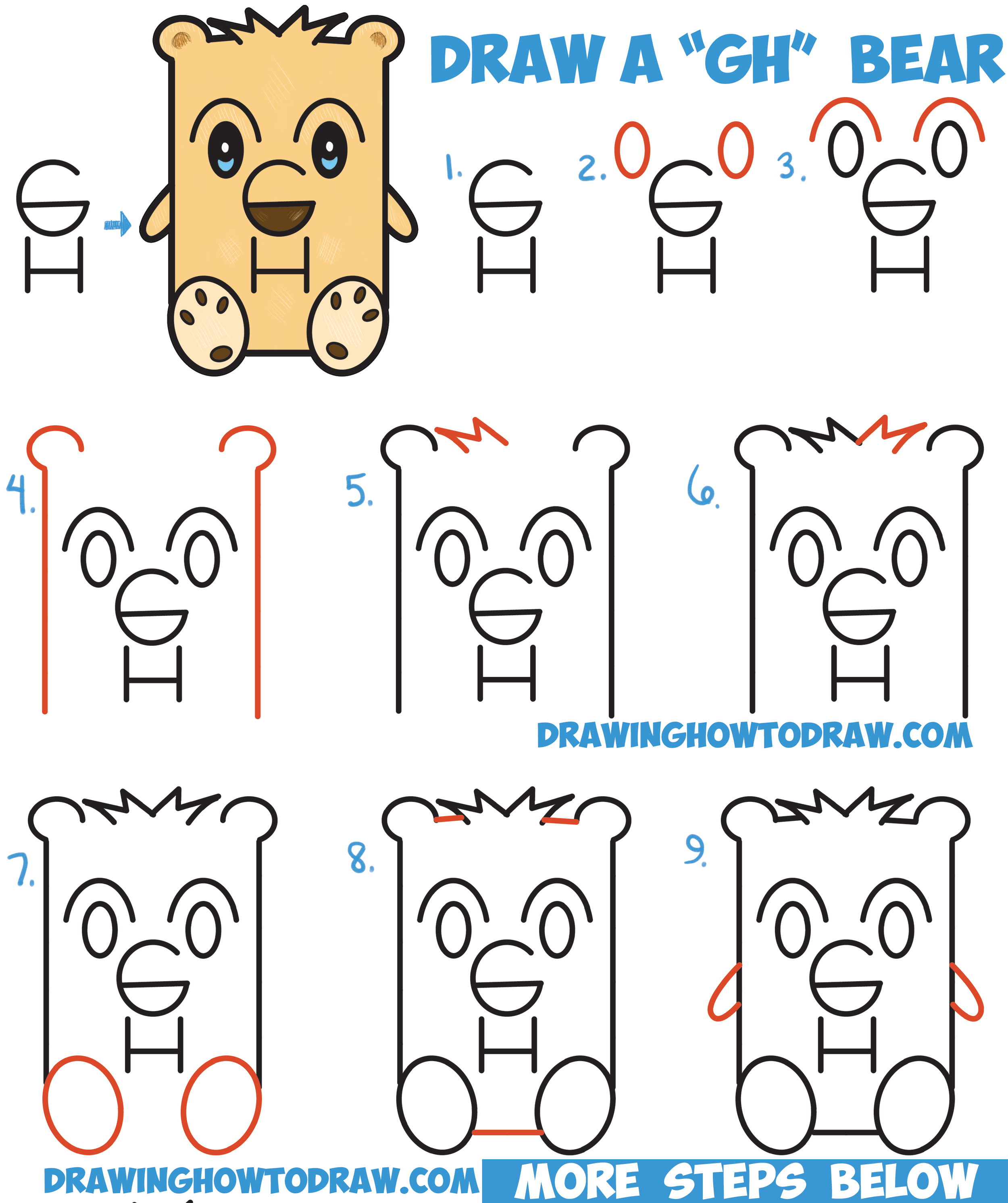 How to Draw a Cartoon Bear from Letters "GH" Easy Step by Step Drawing Tutorial for Kids and Beginners
