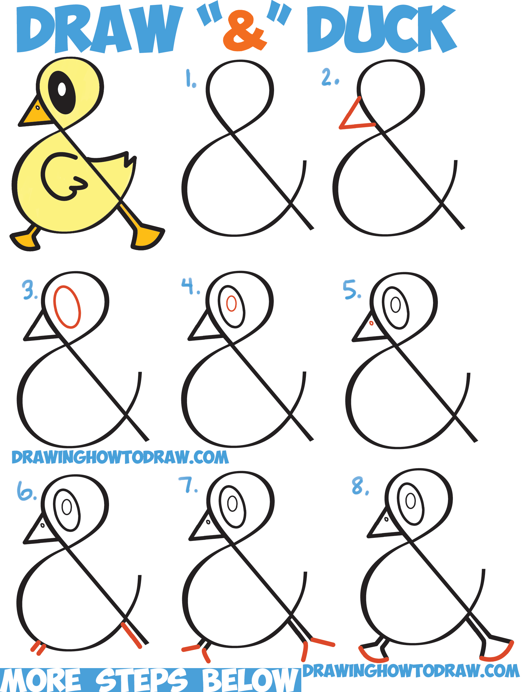 How to Draw a Cute Cartoon Duck from Ampersand Symbol - Easy Step by Step Drawing Tutorial for Kids