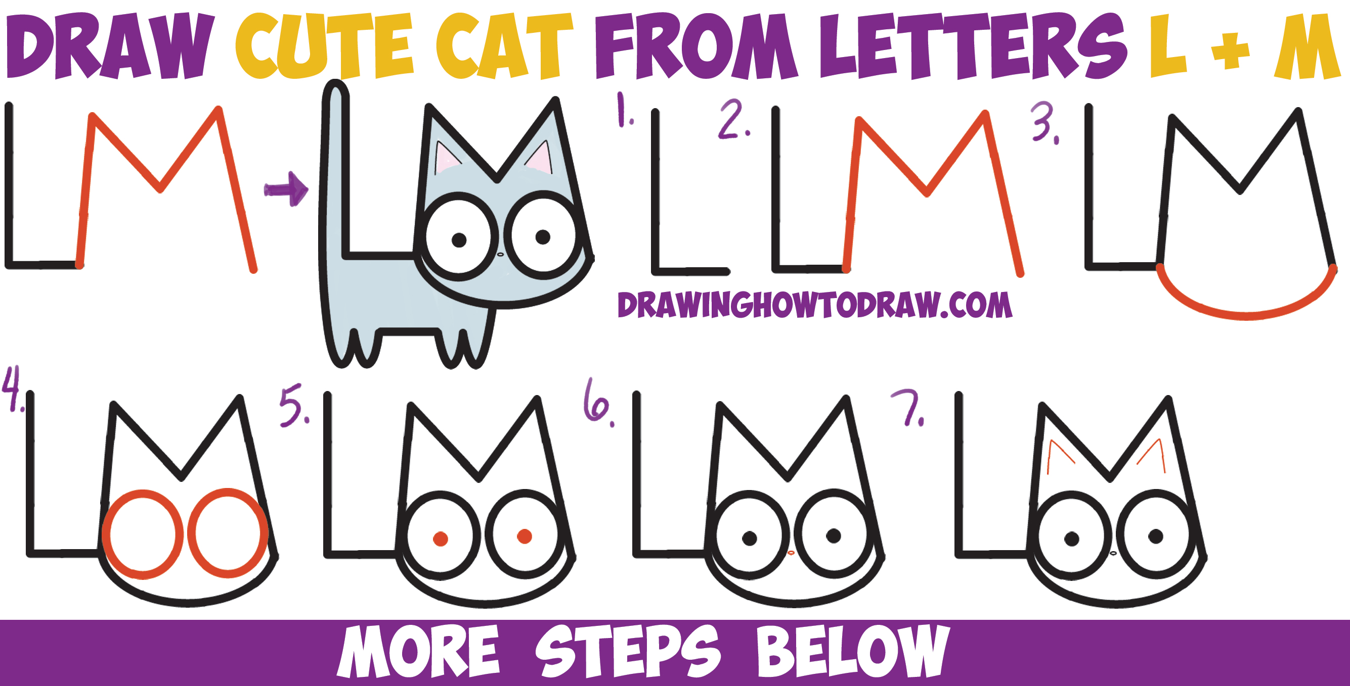 How to Draw a Cute Cartoon Kitten from Letters L + M Easy Step by ...