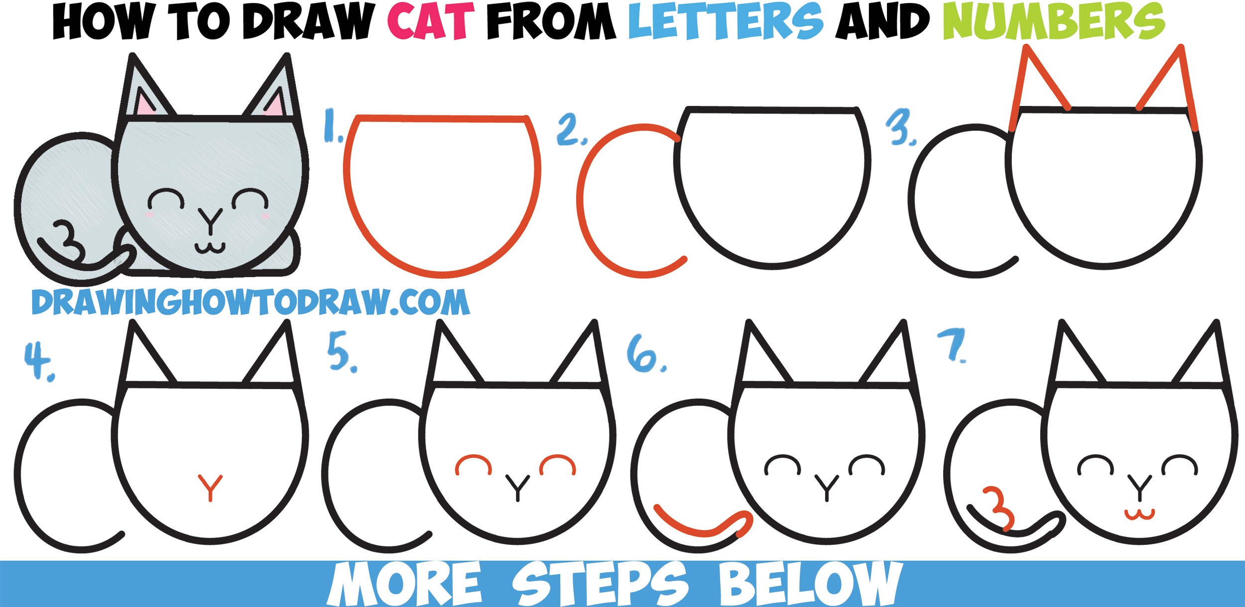 How To Draw A Cute Cartoon Cat Completely From Letters Numbers Shapes Easy Step By Step Drawing Tutorial For Kids How To Draw Step By Step Drawing Tutorials