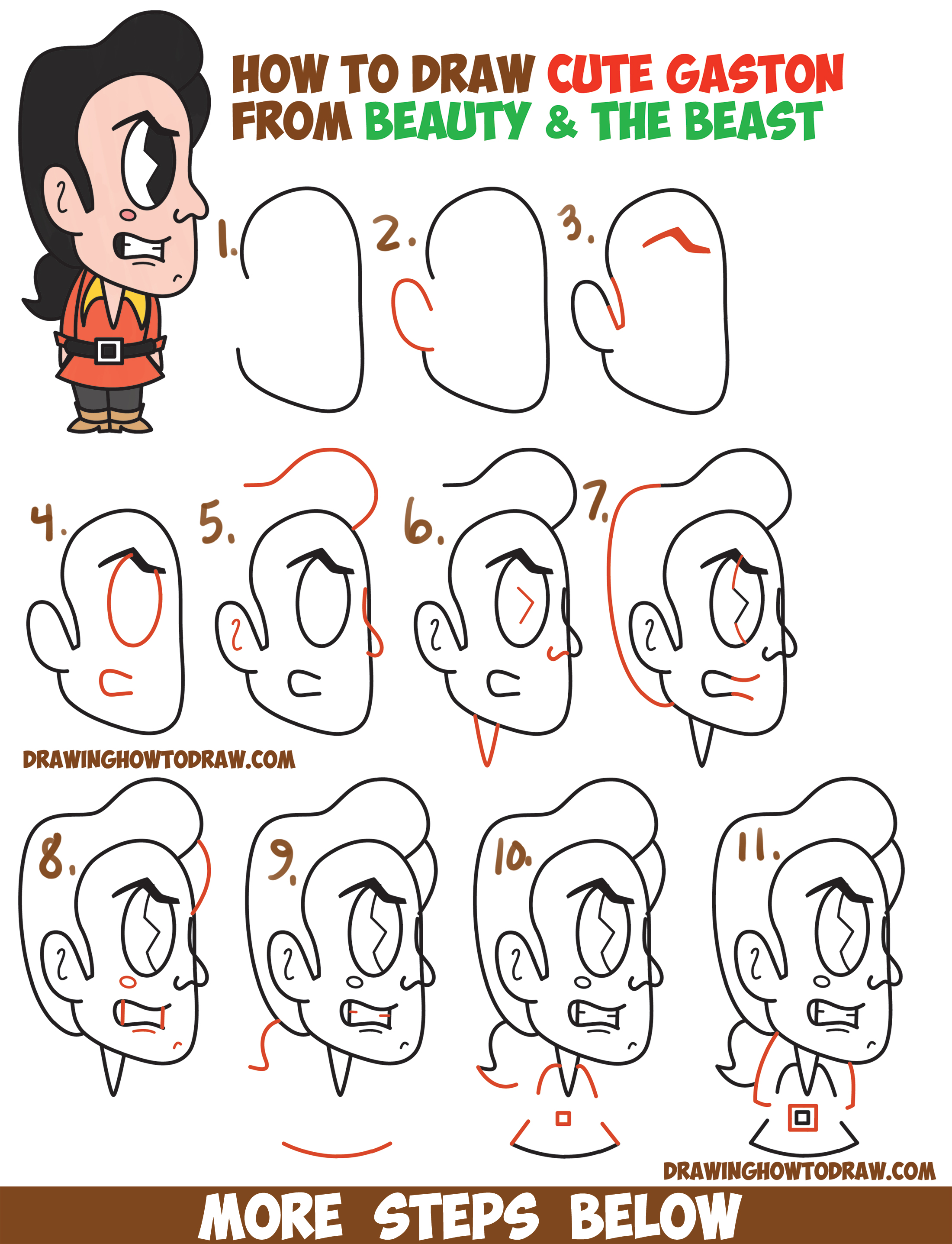 How to Draw Gaston from Disney's Beauty and the Beast (Cute / Kawaii / Chibi) Easy Step by Step Drawing Tutorial for Kids and Beginners
