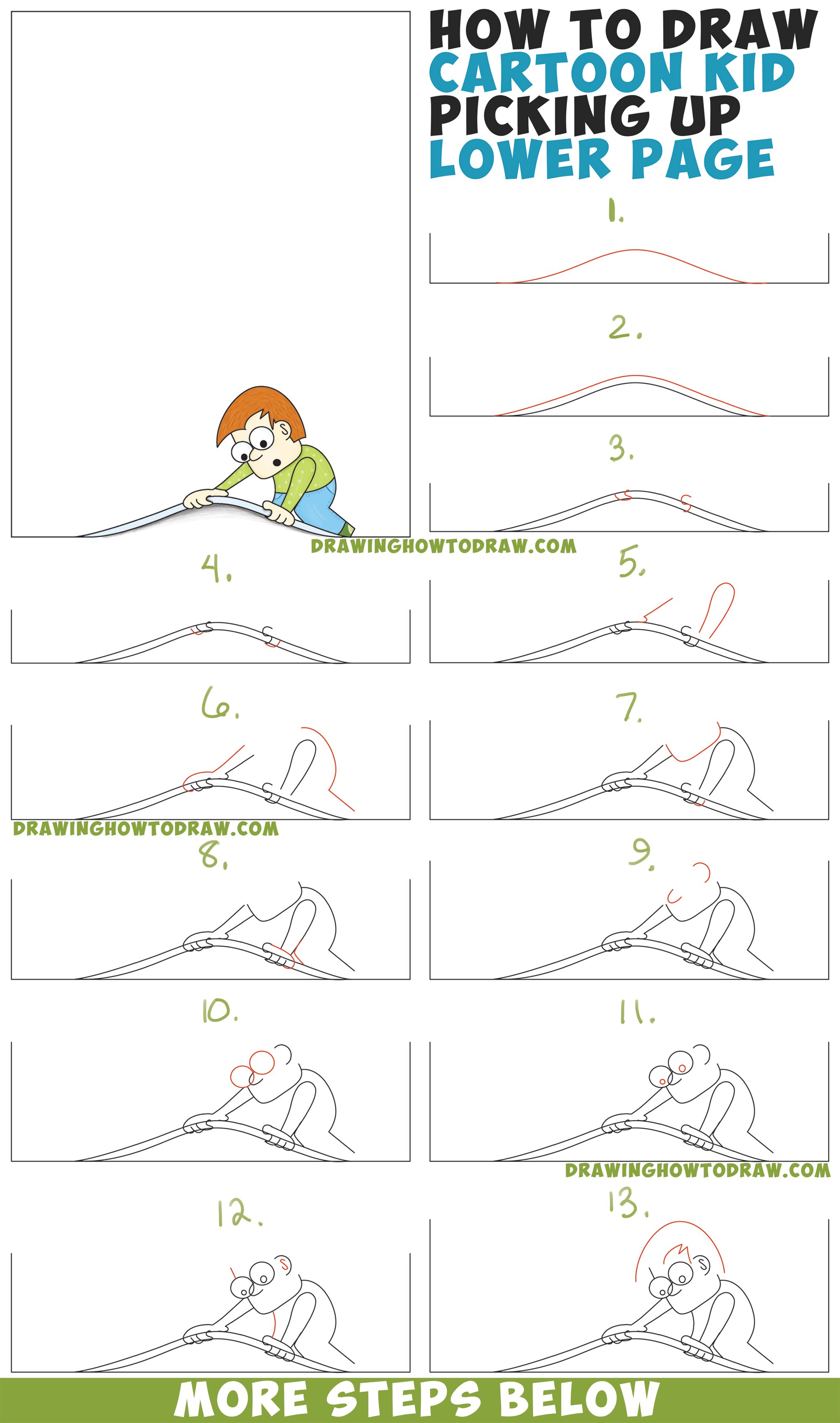 How to Draw Cartoon Character Lifting Up Paper At the Bottom of the Page Easy Step by Step Drawing Tutorial for Kids