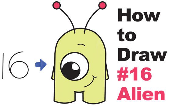 How to Draw Cute Cartoon Alien from Numbers "16" Easy Step by Step Drawing Tutorial for Kids