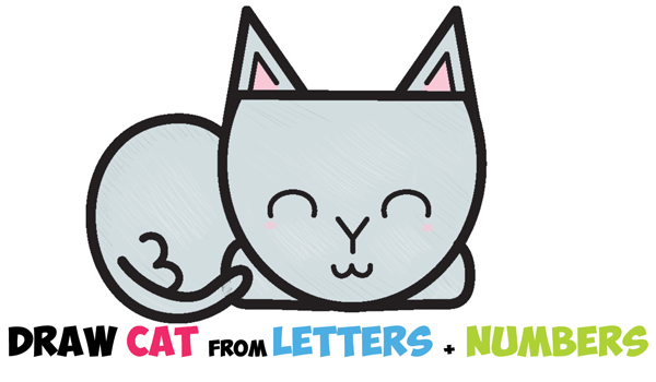 How to Draw a Cute Cartoon Cat Completely from Letters, Numbers, & Shapes Easy Step by Step Drawing Tutorial for Kids