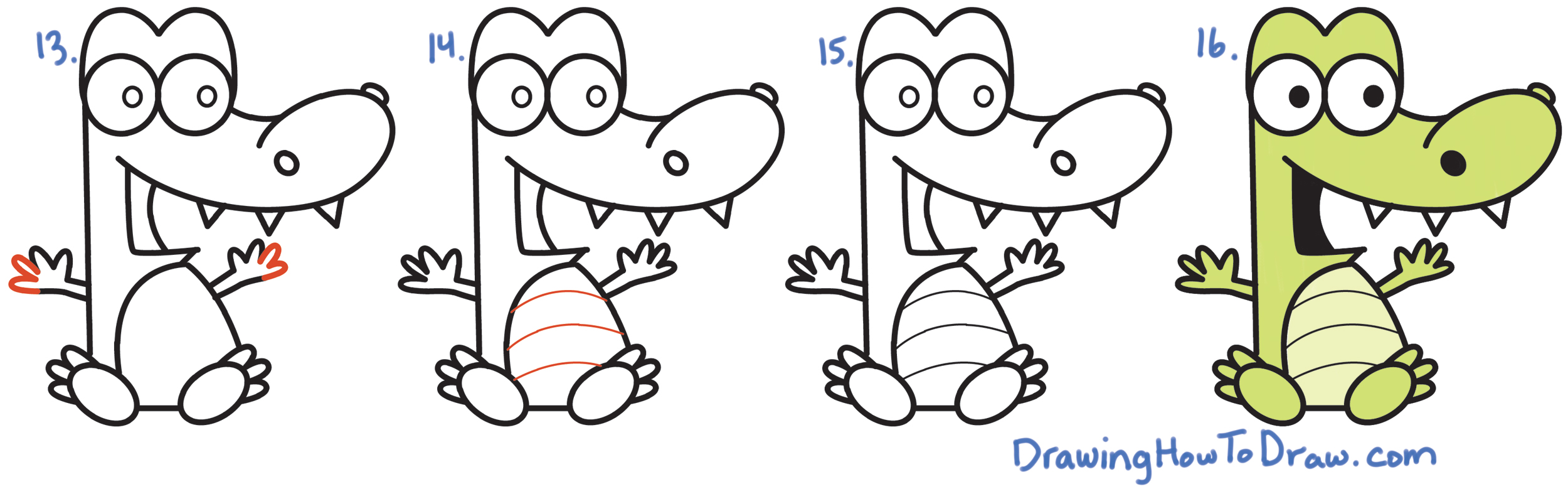 Learn How to Draw Cartoon Crocodiles or Alligators from Numbers Simple Steps Drawing Lesson for Children & Beginners