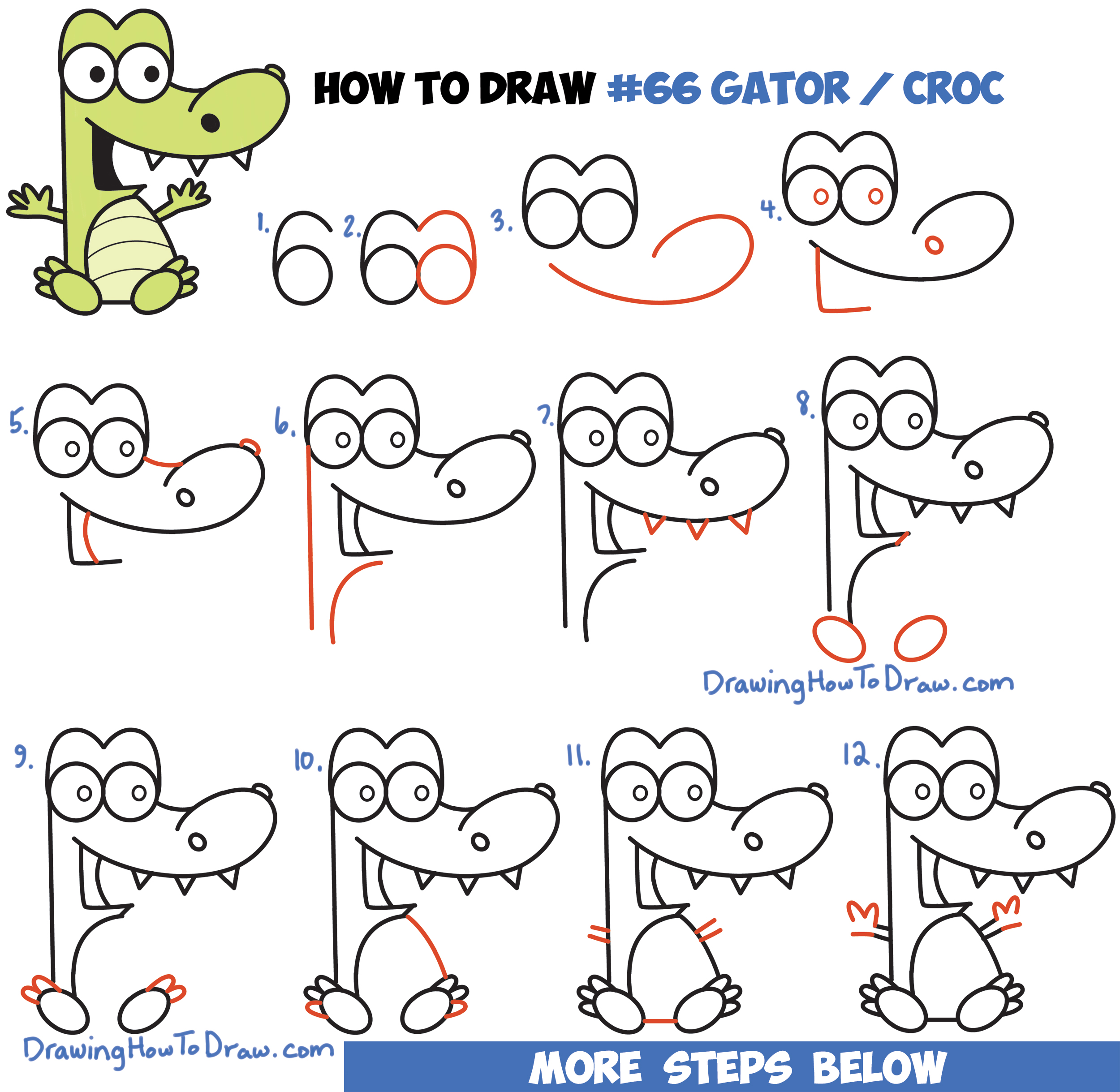 How to Draw Cartoon Crocodile or Alligator from Numbers Easy Step by Step Drawing Tutorial for Kids
