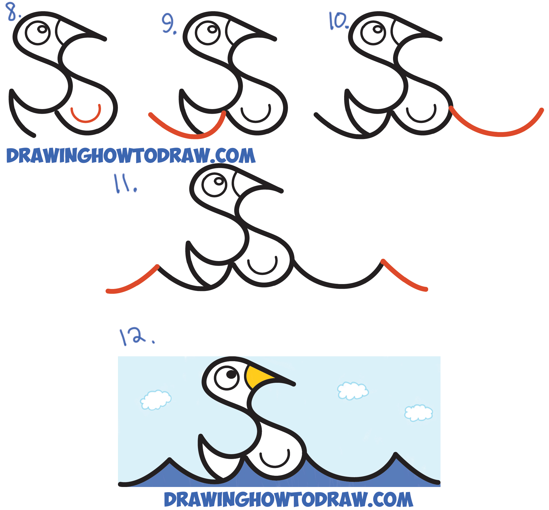 Learn How to Draw Cartoon Goose Floating on Water from Letter S Shapes Simple Steps Drawing Lesson for Children and Beginners