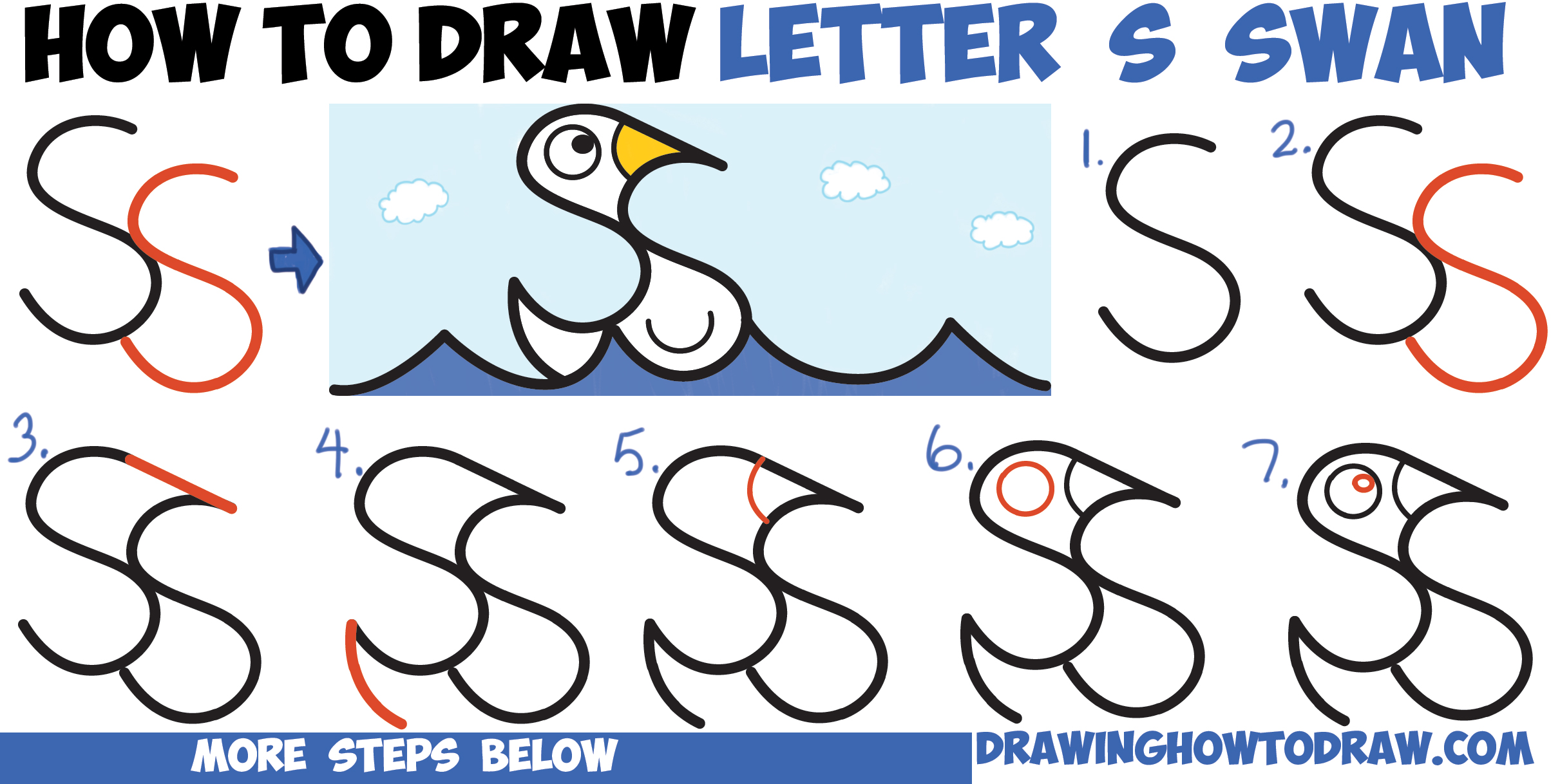 How to Draw Cartoon Goose Floating on Water from Letter S Shapes Easy Step by Step Drawing Tutorial for Kids