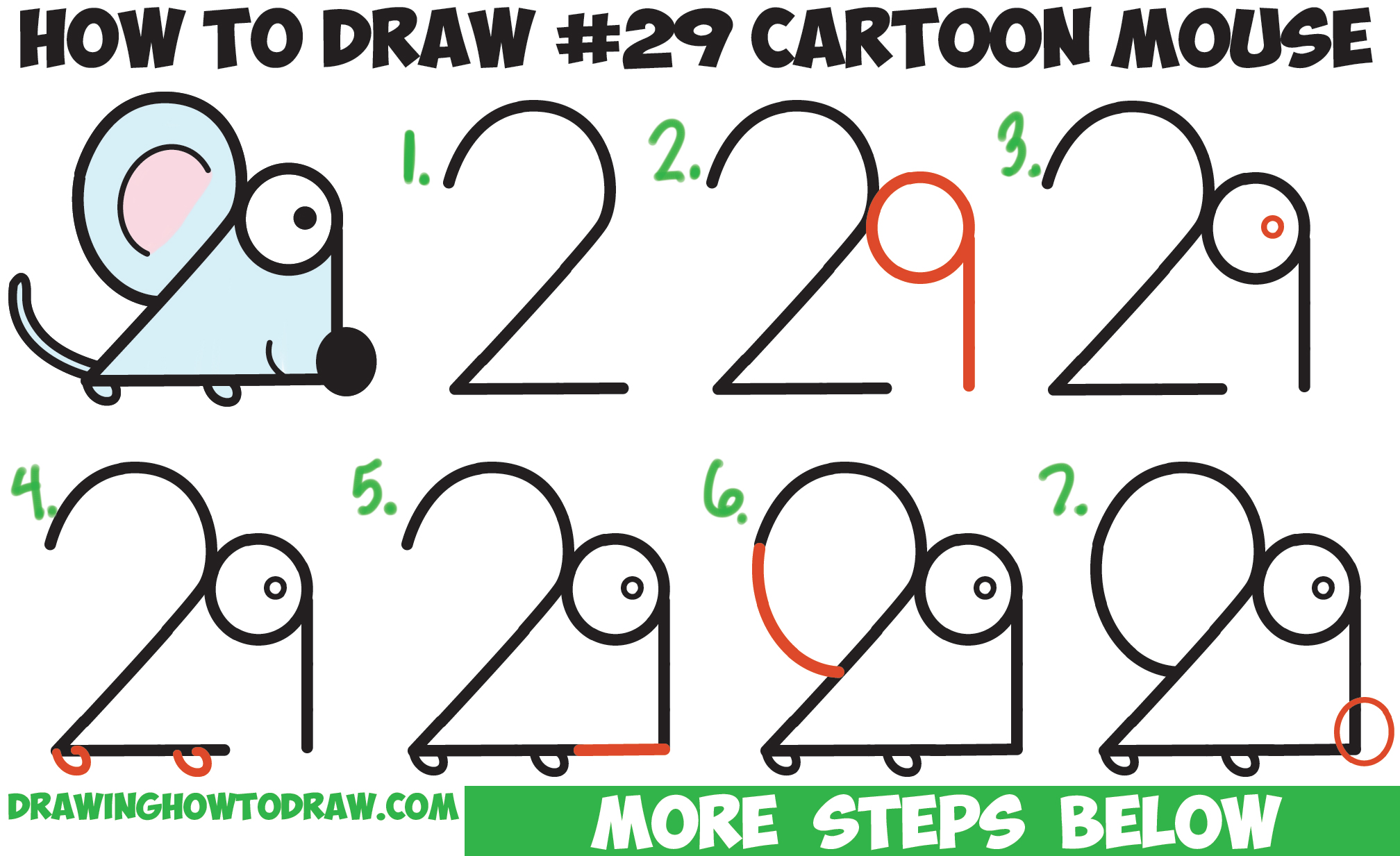 How to Draw a Cartoon Mouse from Numbers "29" in Easy Step by Step Drawing Tutorial for Kids