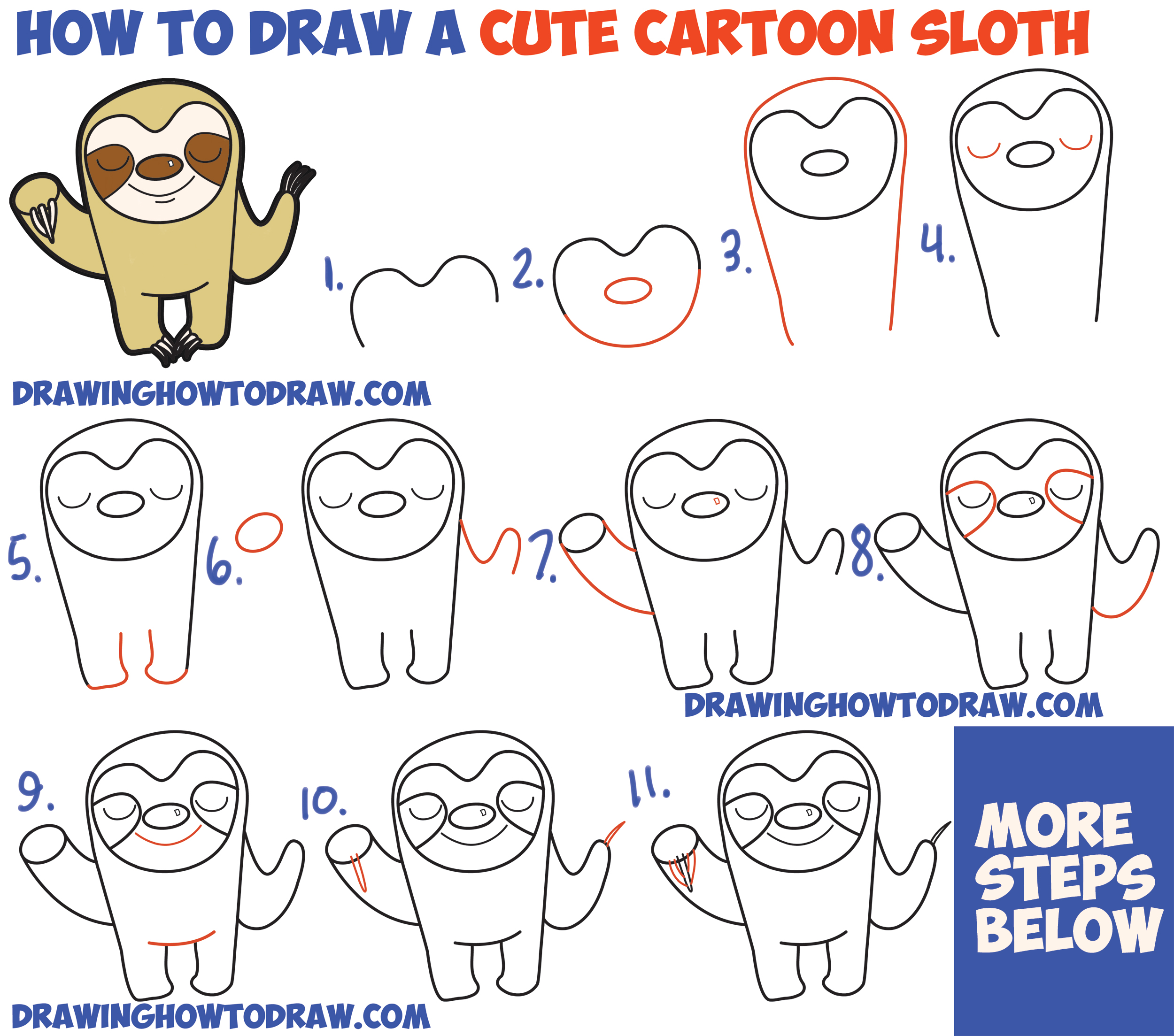 How to Draw Cute Cartoon Sloth with Easy Step by Step Drawing Tutorial