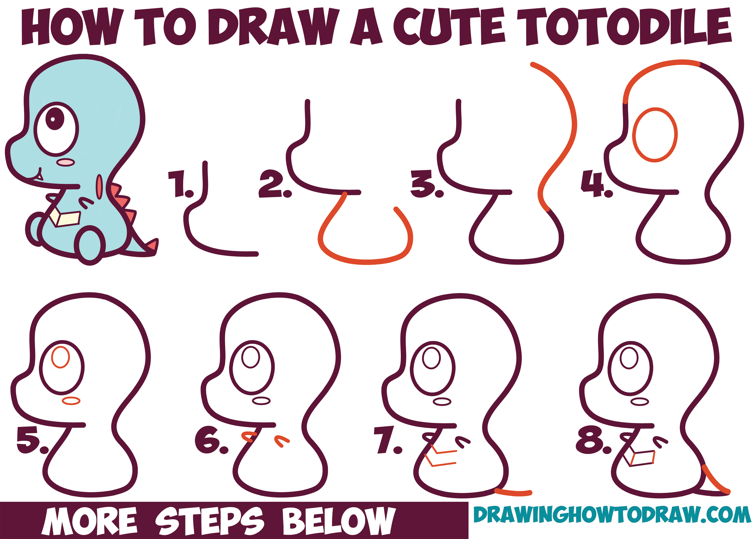 How to Draw Cute / Chibi / Kawaii Totodile from Pokemon with Easy Step by Step Drawing Tutorial for Kids / Beginners