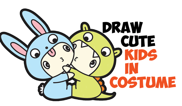 How to Draw Cute Kawaii / Chibi Kids Dressed Up in Costumes with Hoods (Dragon & Bunny Outfits) Easy Step by Step Drawing Tutorial for Beginners