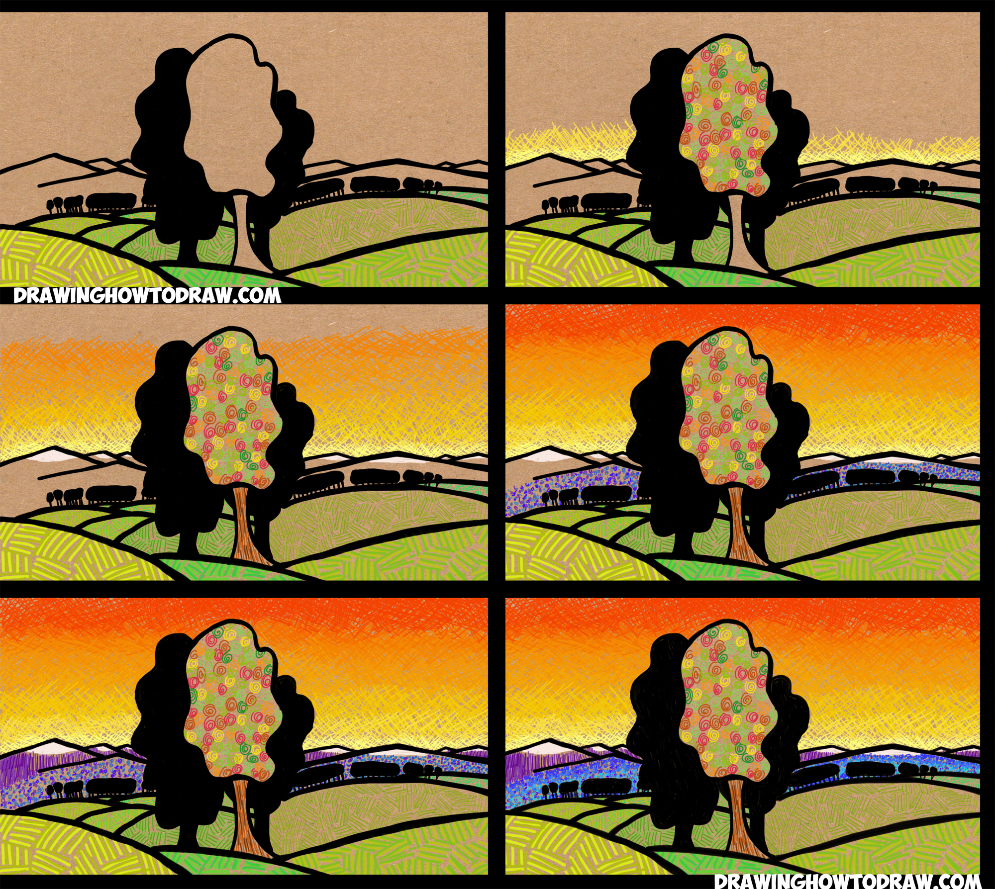 Learn How to Draw Landscapes (Sunset, Mountains, Hills, Trees) for Kids Simple Steps Drawing Lesson Using Patterns to Add Texture (Great Art Lesson for Children)