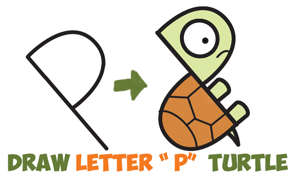 How to Draw a Cute Cartoon Turtle from Letter "P" Shapes Easy Step by Step Drawing Tutorial for Kids