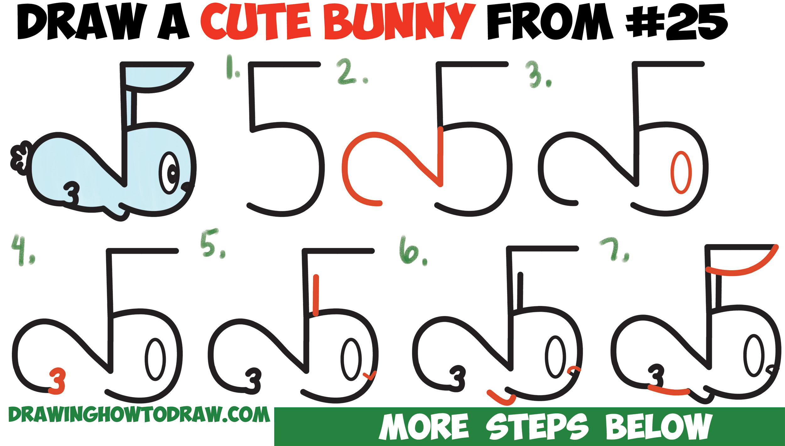 How to Draw a Cute Cartoon Bunny Rabbit from Numbers 25 Easy Step by Step Drawing Tutorial for Kids