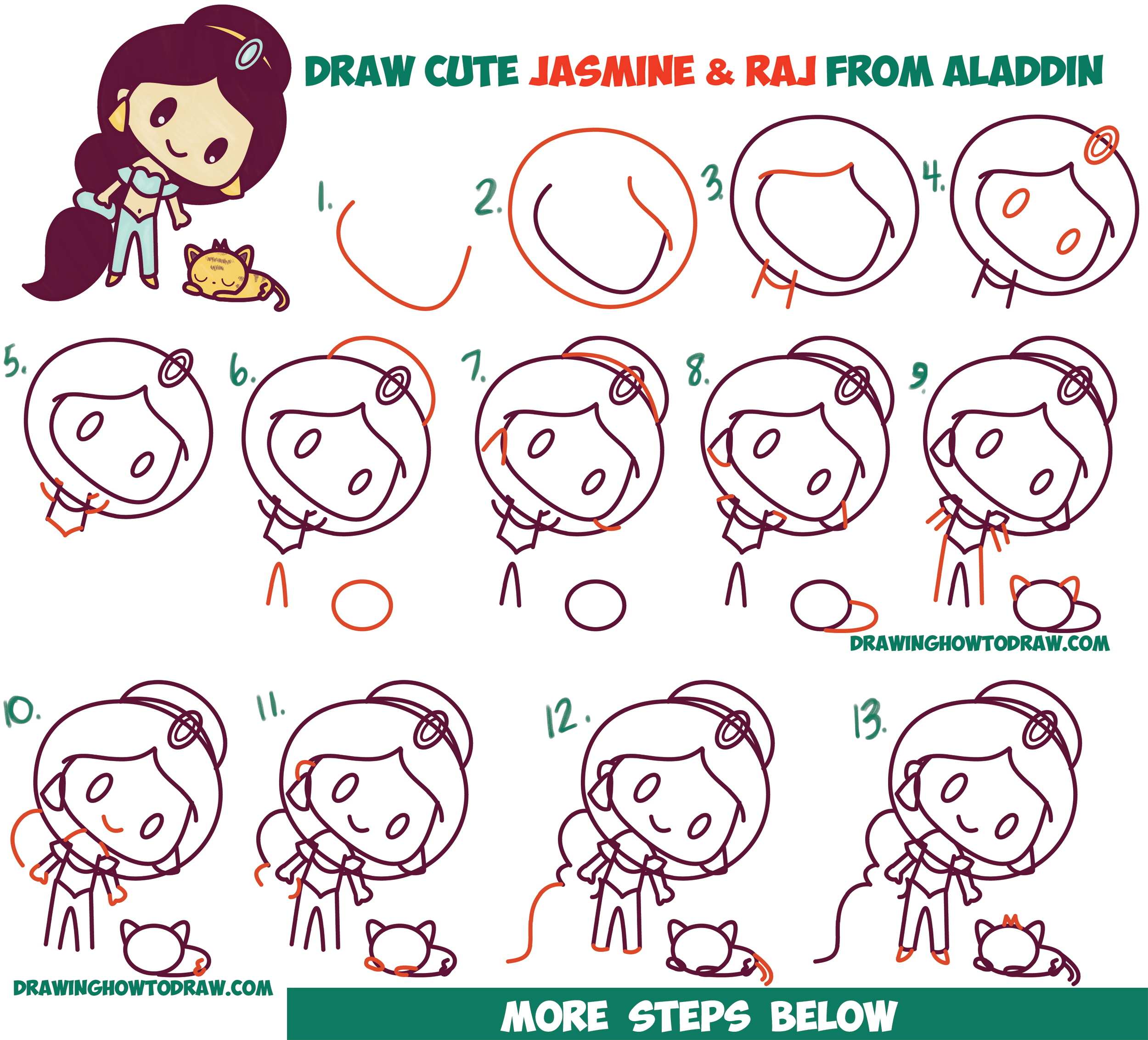 How to Draw Cute Chibi / Kawaii Jasmine & Raj the Tiger from Aladdin with Easy Step by Step Drawing Tutorial for Kids