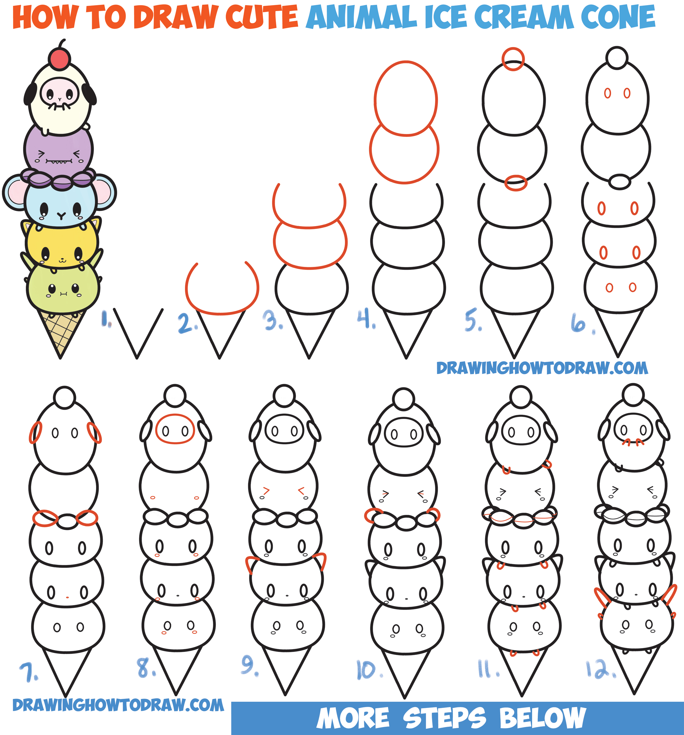 How to Draw Cute Kawaii Animals Stacked in Ice Cream Cone Easy Step by