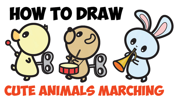 How to Draw Cute Kawaii Animals Marching in a Musical Band Easy Step by Step Drawing Tutorial for Kids & Beginners