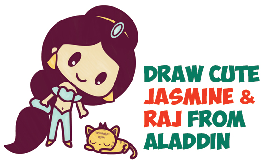 How to Draw Cute Chibi / Kawaii Jasmine & Raj the Tiger from Aladdin with Easy Step by Step Drawing Tutorial for Kids