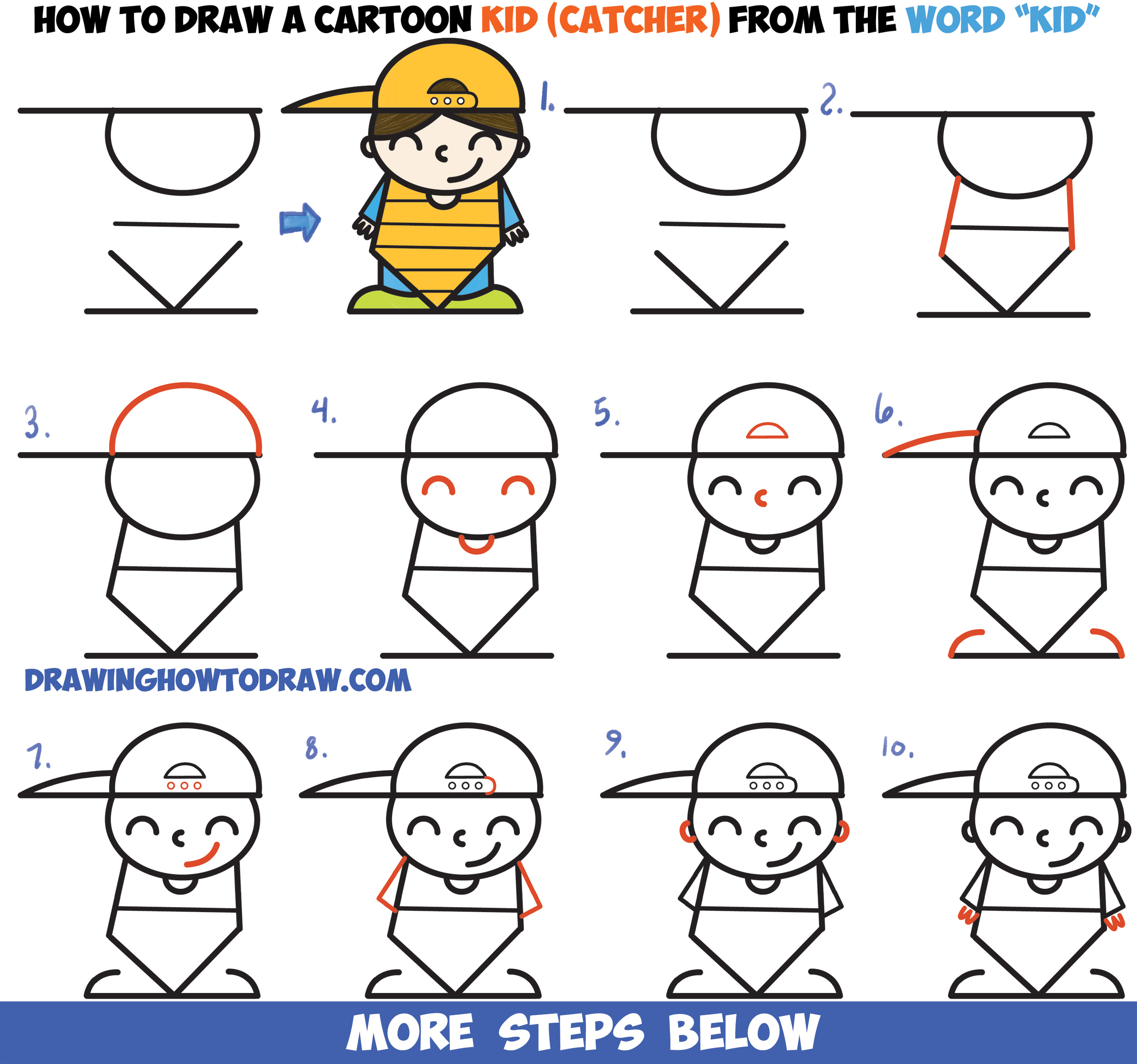 Learn How to Draw a Cute Cartoon Kid Baseball Catcher Word Cartoon Easy