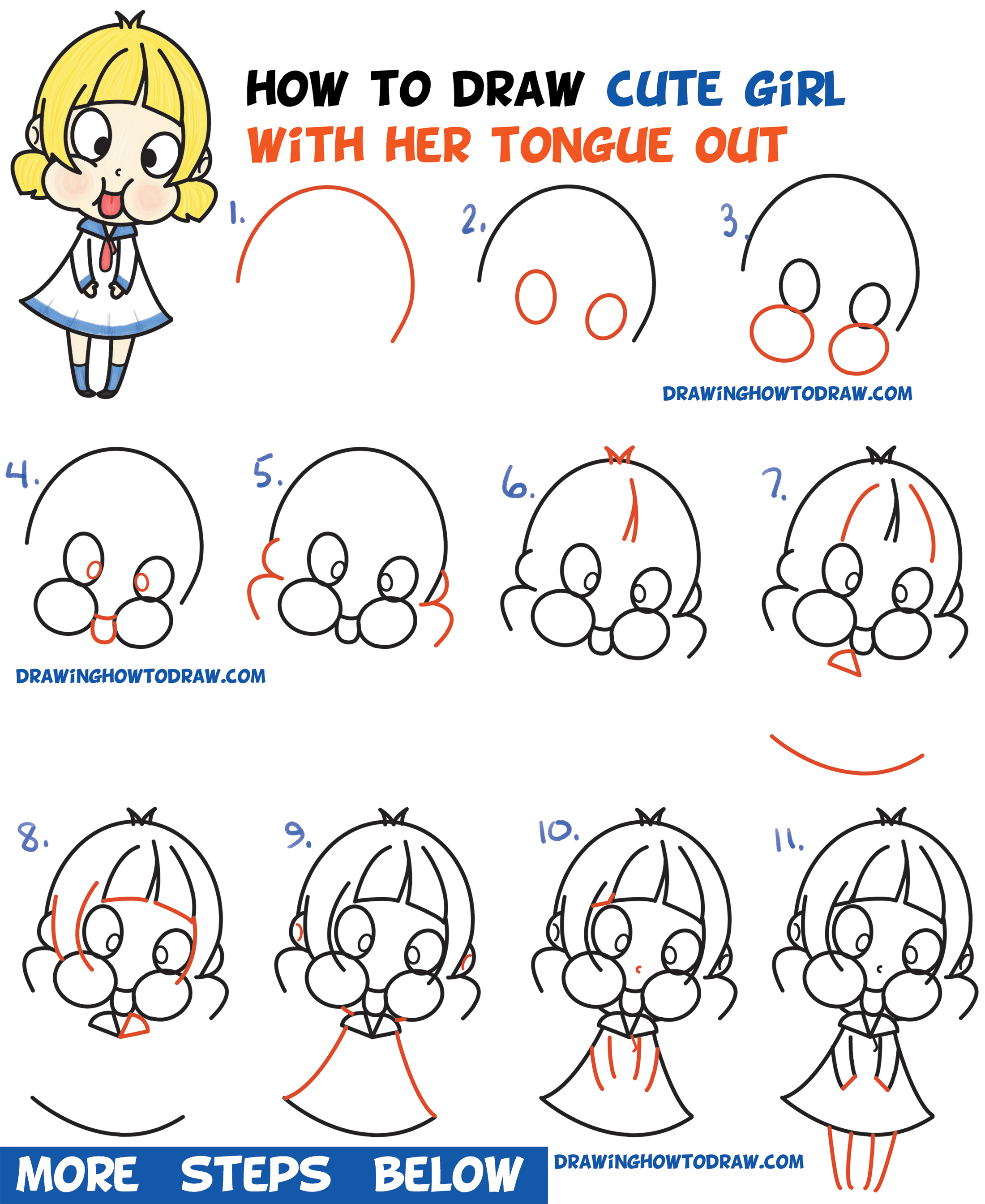 How to Draw a Cute Cartoon Girl (Chibi) Sticking Her Tongue Out Easy Step  by Step Drawing Tutorial for Kids - How to Draw Step by Step Drawing  Tutorials