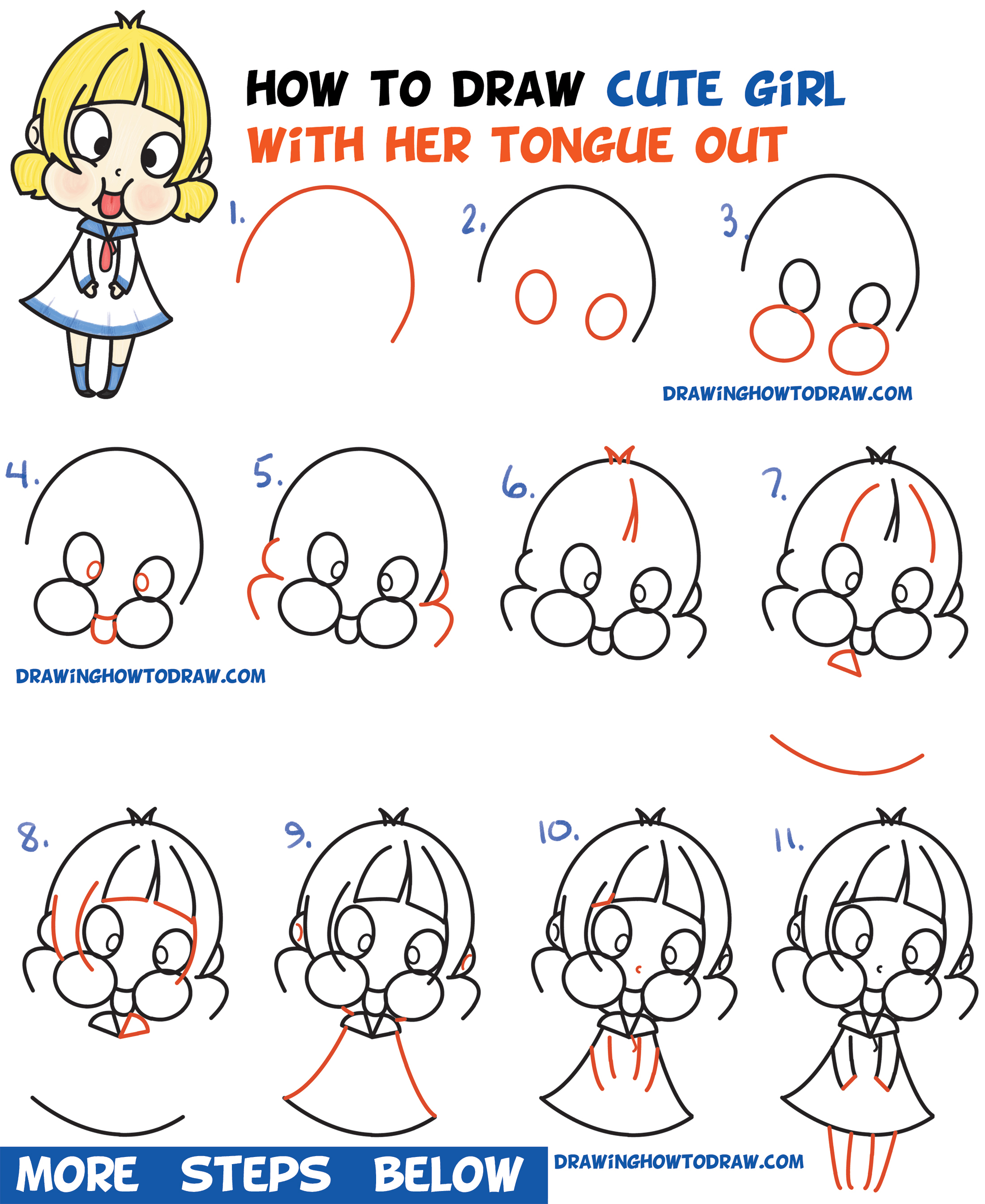 How to Draw a Cute Cartoon Girl (Chibi) Sticking Her Tongue Out Easy ...