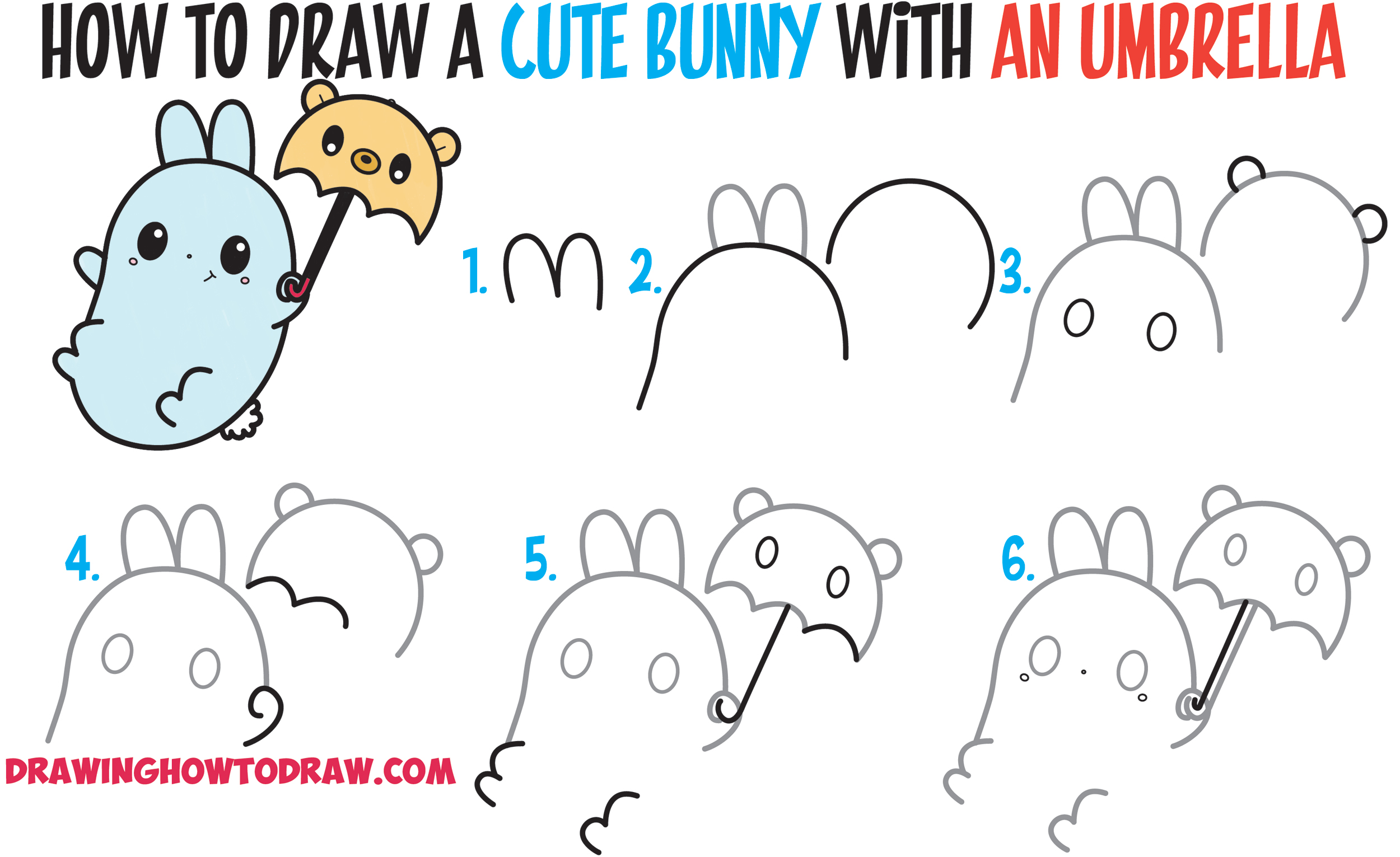 Learn How to Draw a Cute Kawaii Bunny Rabbit Holding a Bear Umbrella Easy Step by Step Drawing Tutorial for Kids and Beginners