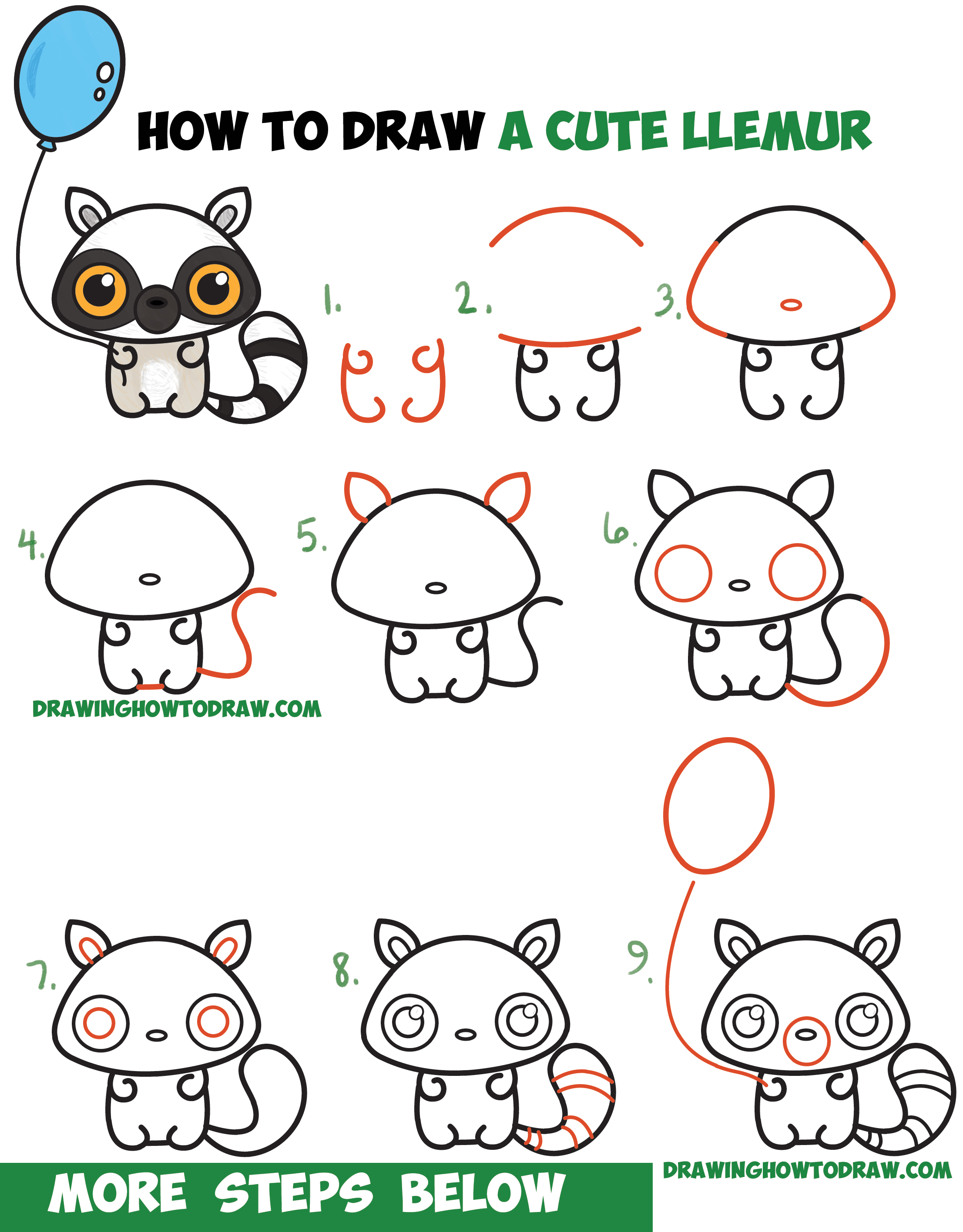 How to Draw a Cute Cartoon Llemur (Kawaii / Chibi) with Easy Step by Step Drawing Tutorial for Kids & Beginners