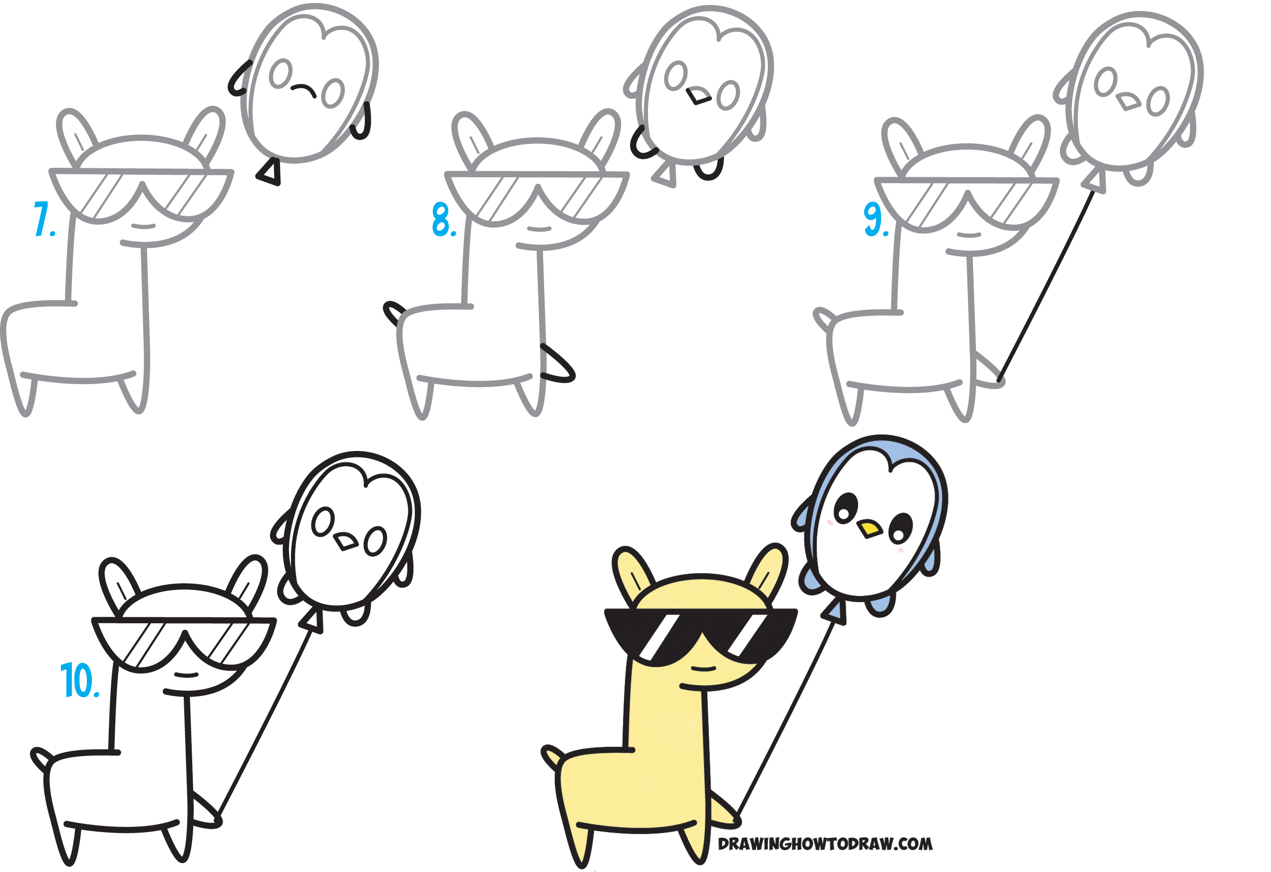 Learn How to Draw Cute Kawaii / Chibi Llama with Sunglasses Holding Cartoon Penguin Balloon Simple Steps Drawing Lesson for Children