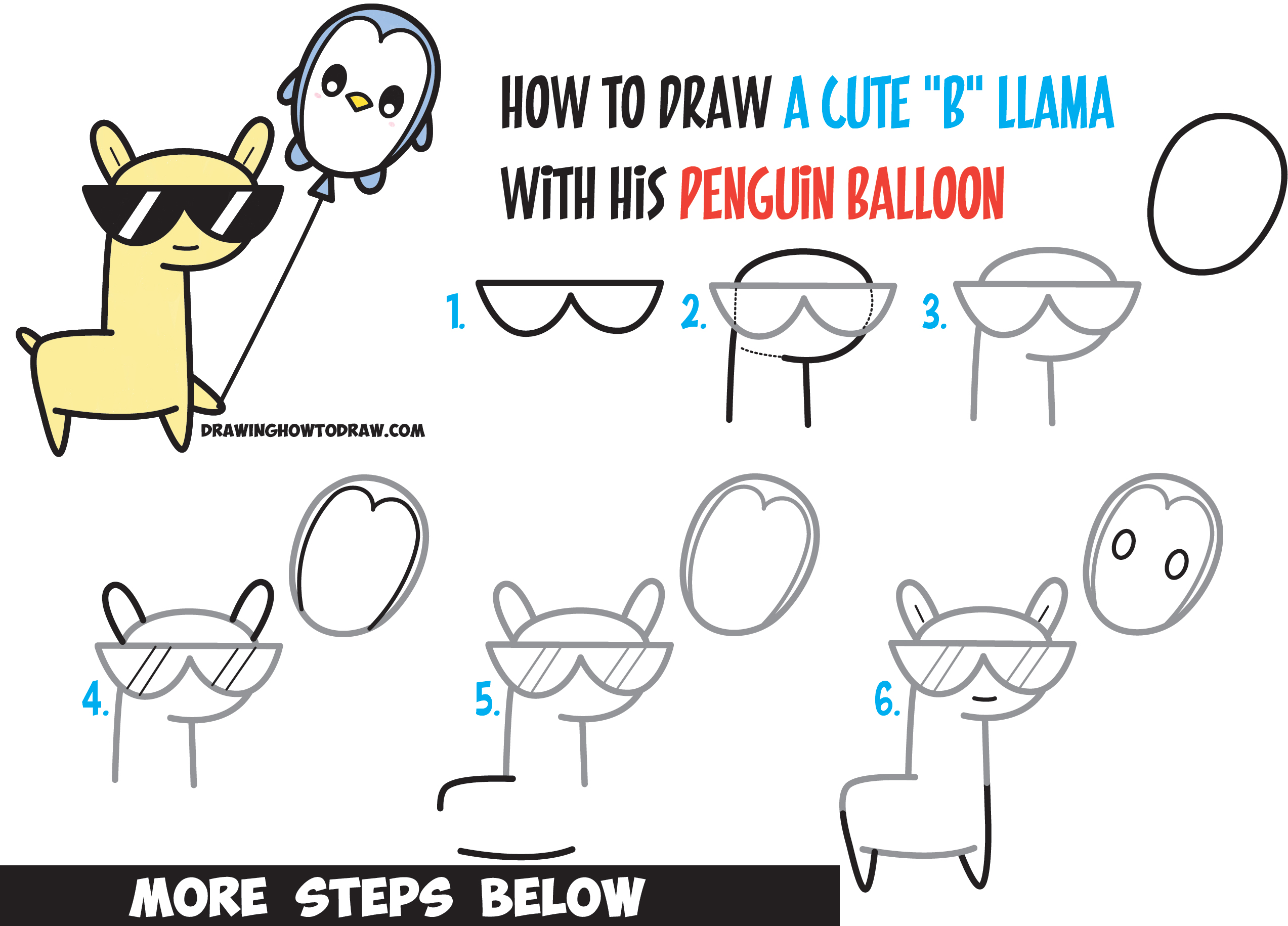 Learn How to Draw Cute Kawaii Llama with Sunglasses Holding Cartoon Penguin Balloon Easy Step by Step Drawing Tutorial for Kids & Beginners