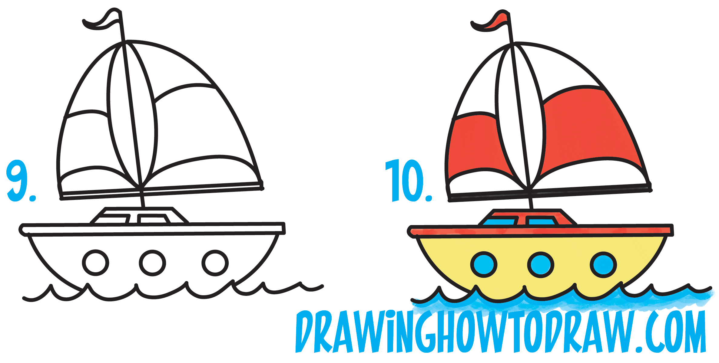 Learn How to Draw a Cartoon Sailboat from the Letter "B" Shape Simple Steps Drawing Tutorial for Kids & Beginners