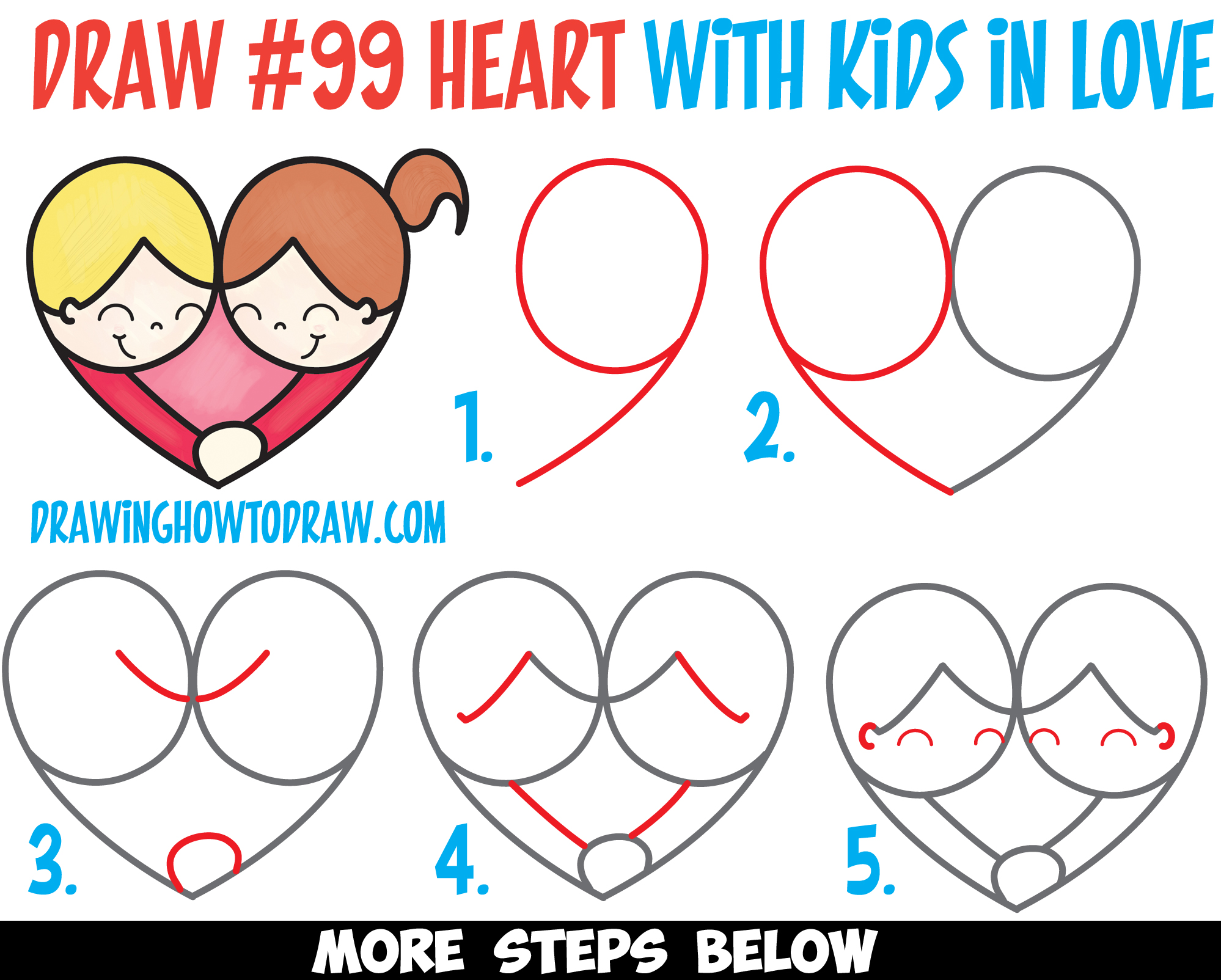 How to Draw Cartoon Kids Hugging to Form a Heart from #99 Shape Easy Step by Step Drawing Tutorial for Kids