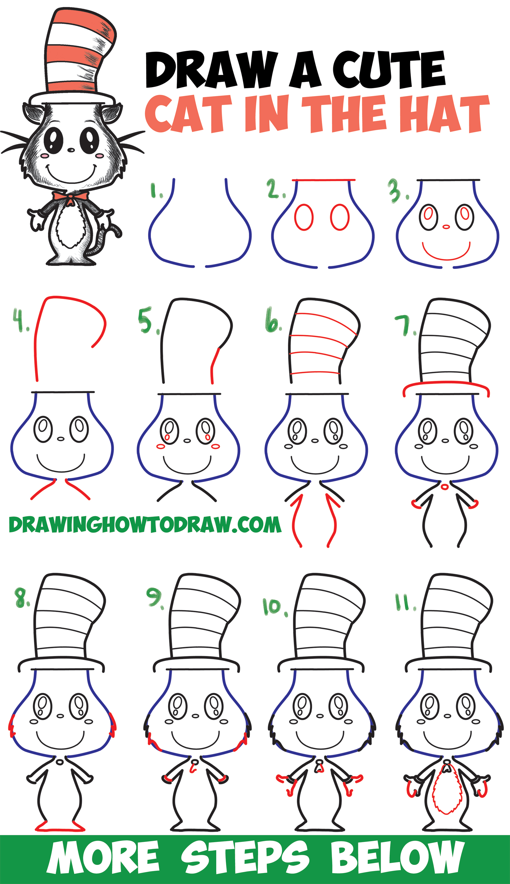 How To Draw The Cat In The Hat Cute Kawaii Chibi Version Easy Step By Step Drawing Tutorial For Kids How To Draw Step By Step Drawing Tutorials