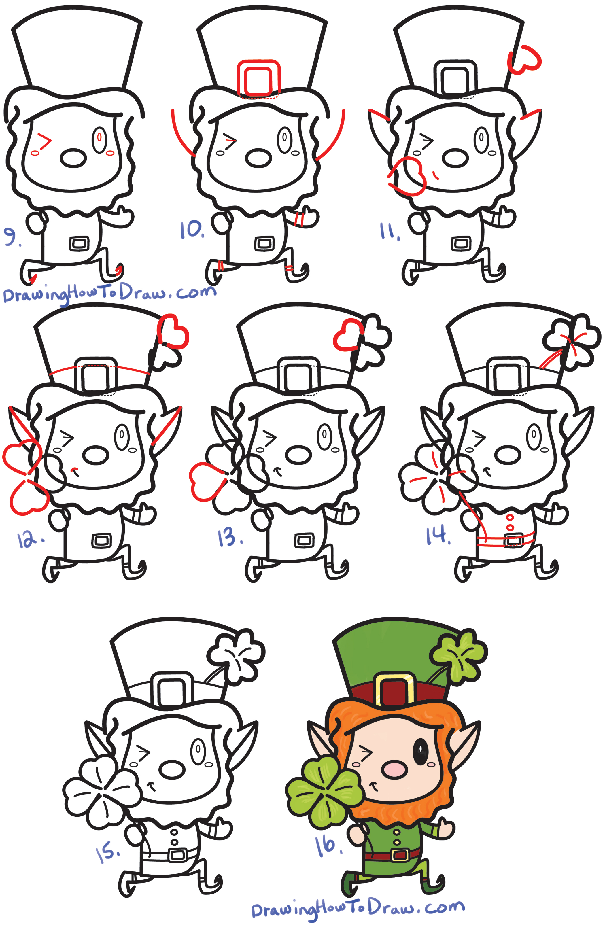 Learn How to Draw a Cute Kawaii Leprechaun for Saint Patrick's Day Simple Steps Drawing Lesson for Kids