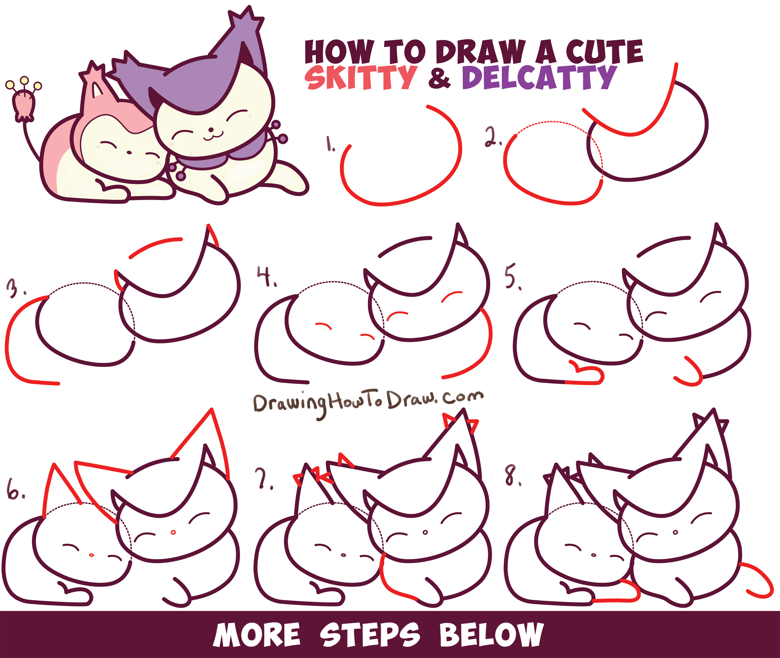 Learn How to Draw Delcatty and Skitty (cute / kawaii / chibi) from Pokemon with Easy Steps Drawing Lesson for Beginners