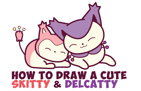 Learn How to Draw Delcatty and Skitty (cute / kawaii / chibi) from Pokemon with Easy Steps Drawing Lesson for Beginners