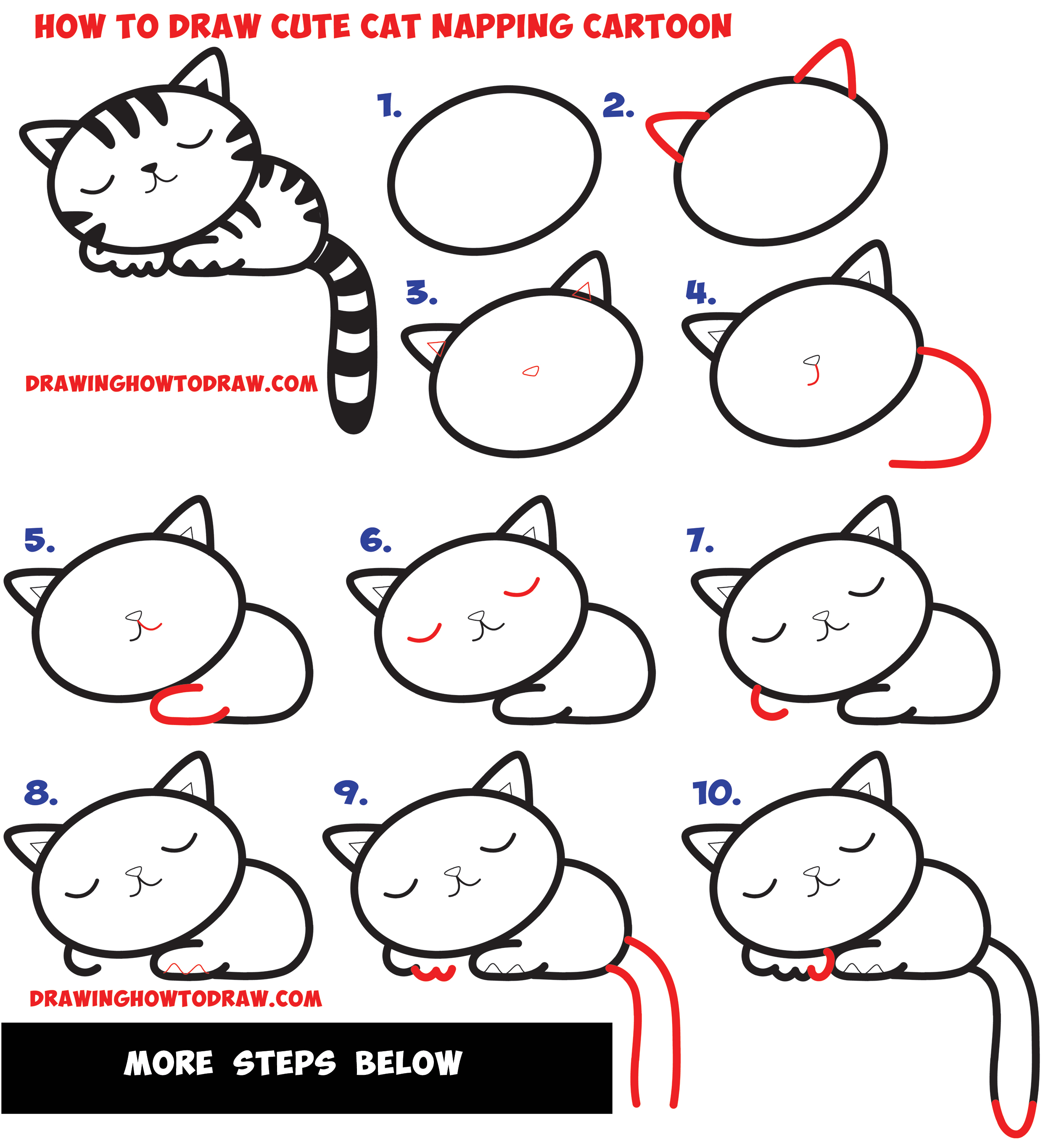 How to Draw a Supercute Kawaii / Cartoon Cat / Kitten Napping Easy Step