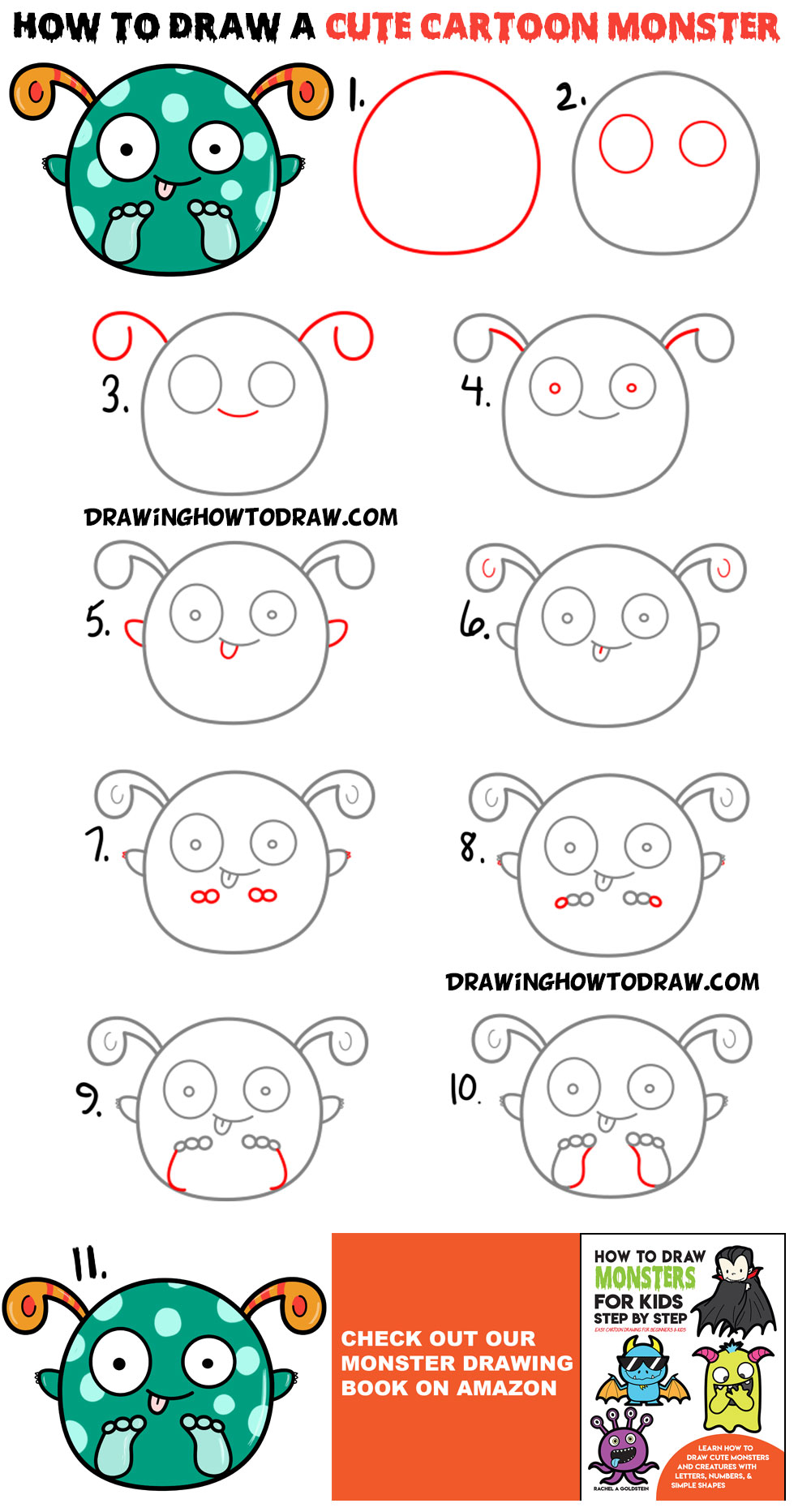Learn How to Draw a Cute Cartoon Monster - Super Easy Step by Step Drawing Tutorial for Kids and Beginners