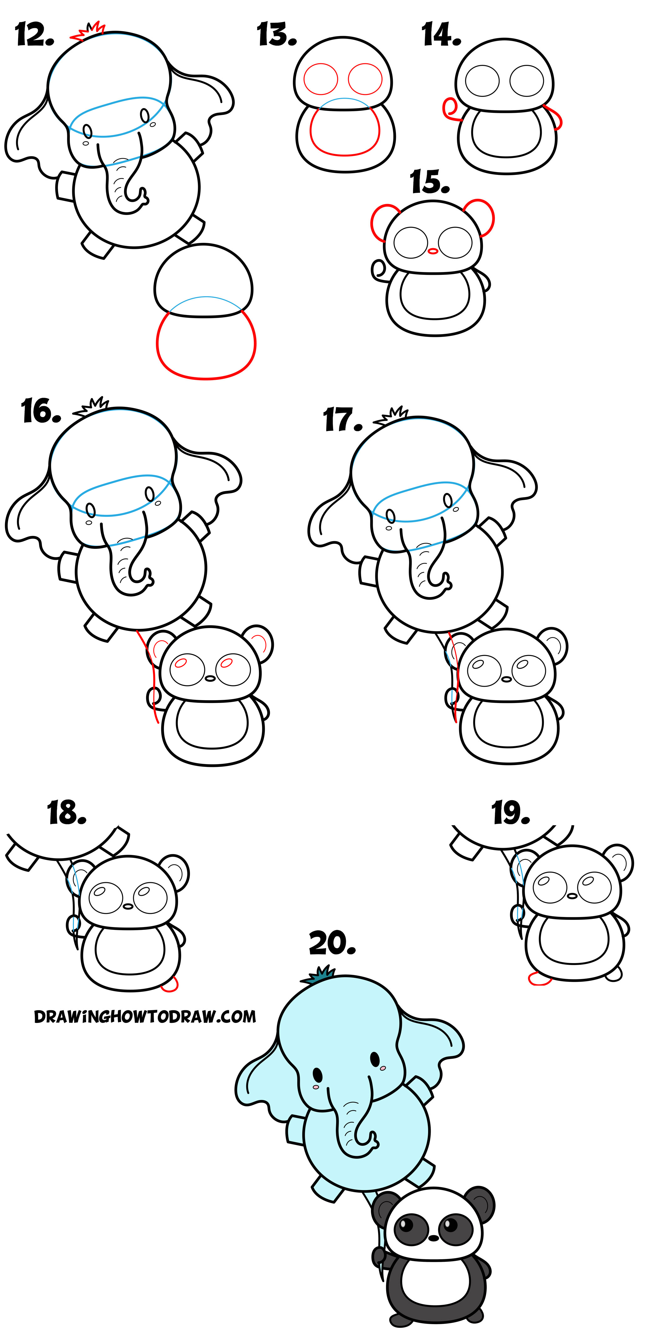 Learn How to Draw a Kawaii Panda Bear Holding an Elephant Balloon Simple Steps Drawing Lesson for Beginners