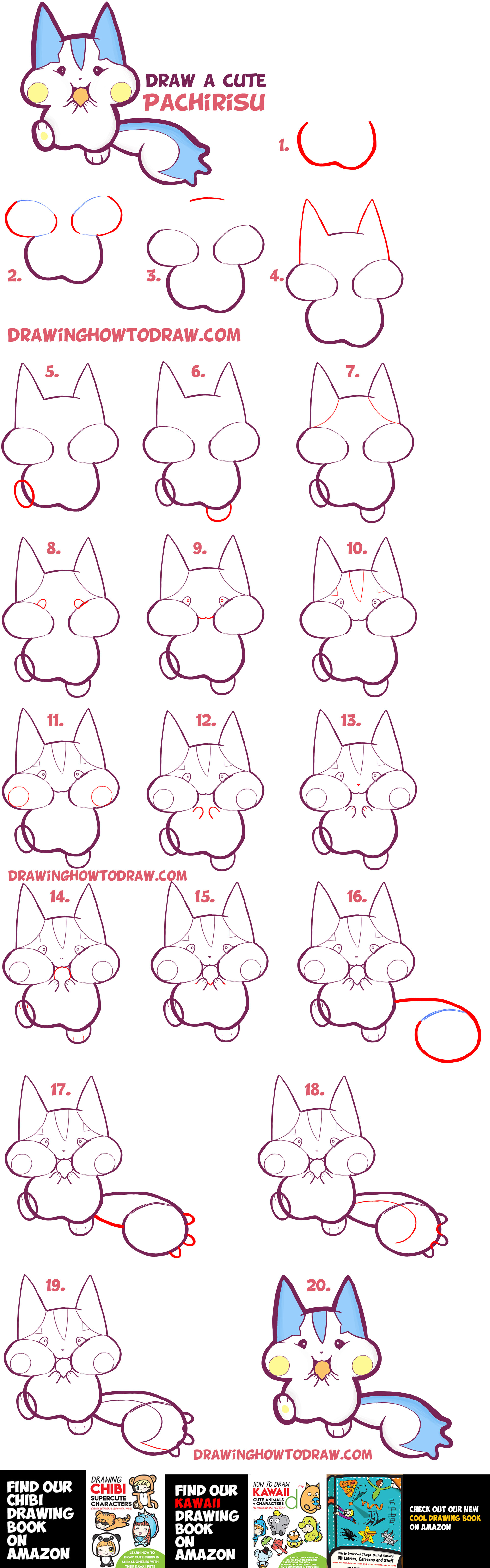 Learn How to Draw Kawaii / Chibi Pachirisu Pokemon with Simple Steps Drawing Lesson for Kids & Beginners