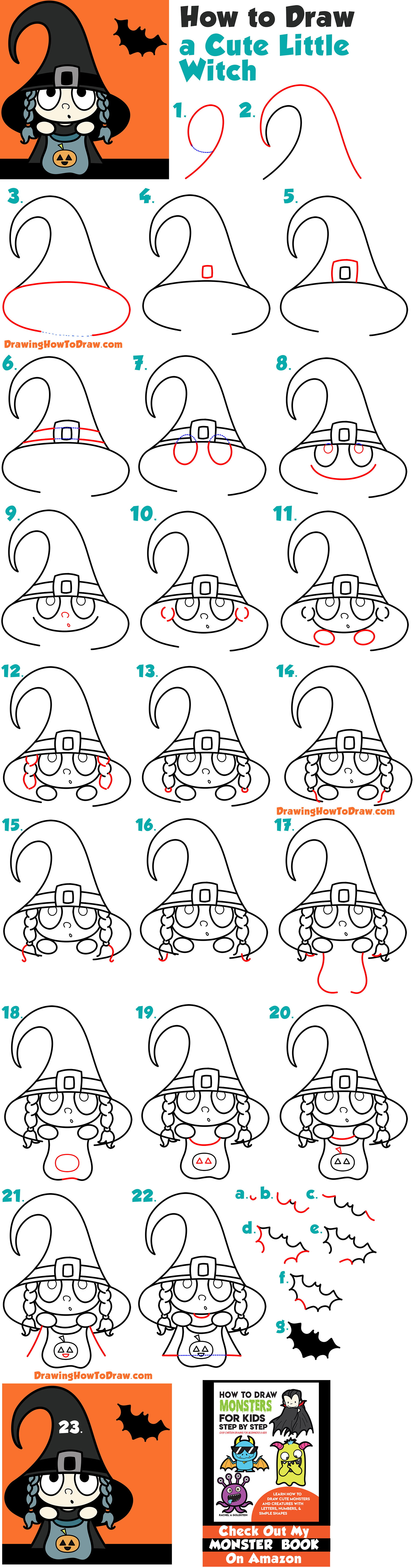 How to Draw a Cute Cartoon Kid Dressed Up as a Witch for Halloween - Simple Steps Drawing Lesson for Kids & Beginners