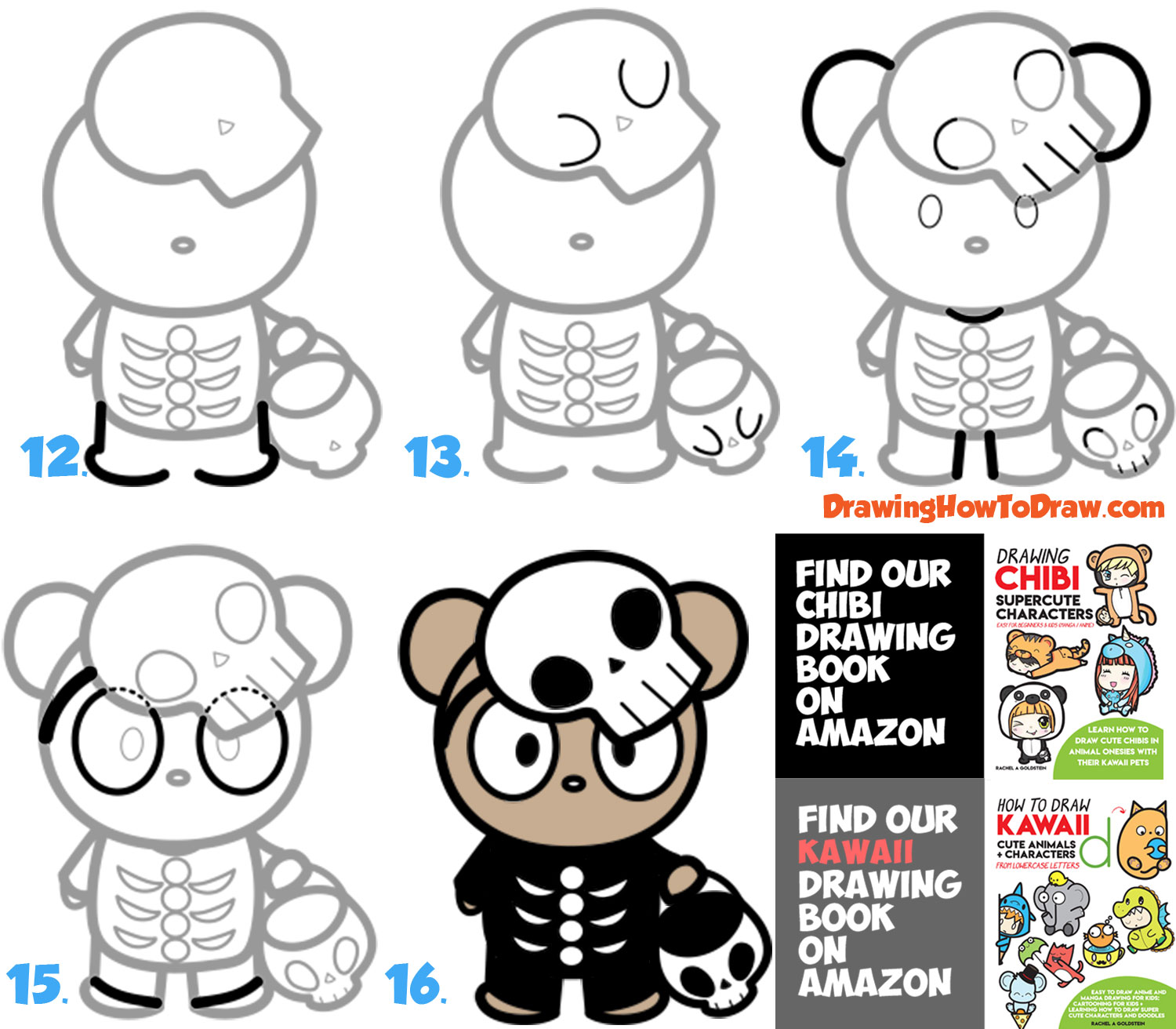 How to Draw a Cute Cartoon Bear Trick-or-Treater Dressed Up as a Skeleton for Halloween Easy Steps Drawing Lesson for Kids