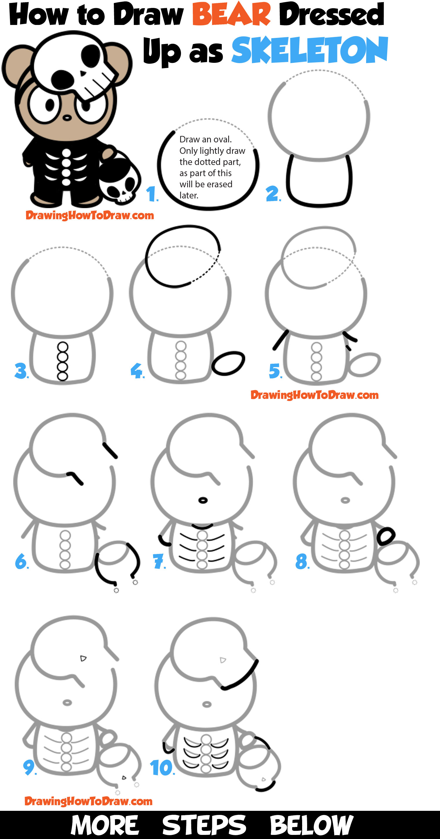 How to Draw a Cute Cartoon Bear Trick-or-Treater Dressed Up as a Skeleton for Halloween Easy Steps Drawing Lesson for Kids